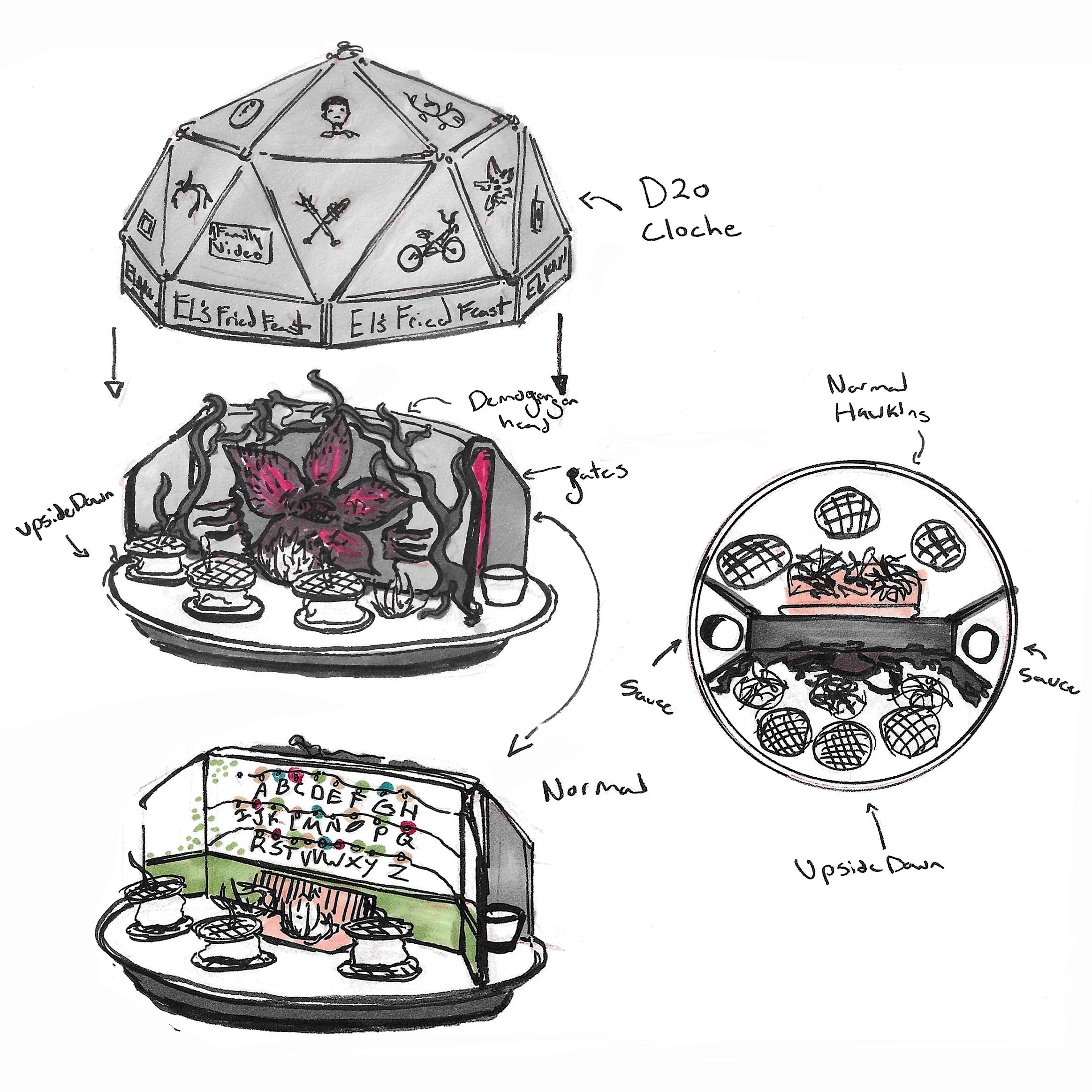 A simplified kinetic concept to also explore the travel between Normal Hawkins and the Upside down. A custom D20 cloche - inspired after the kids' love of D&D, uncovers a lazy suzan with the two themed sides and corresponding sandwiches.