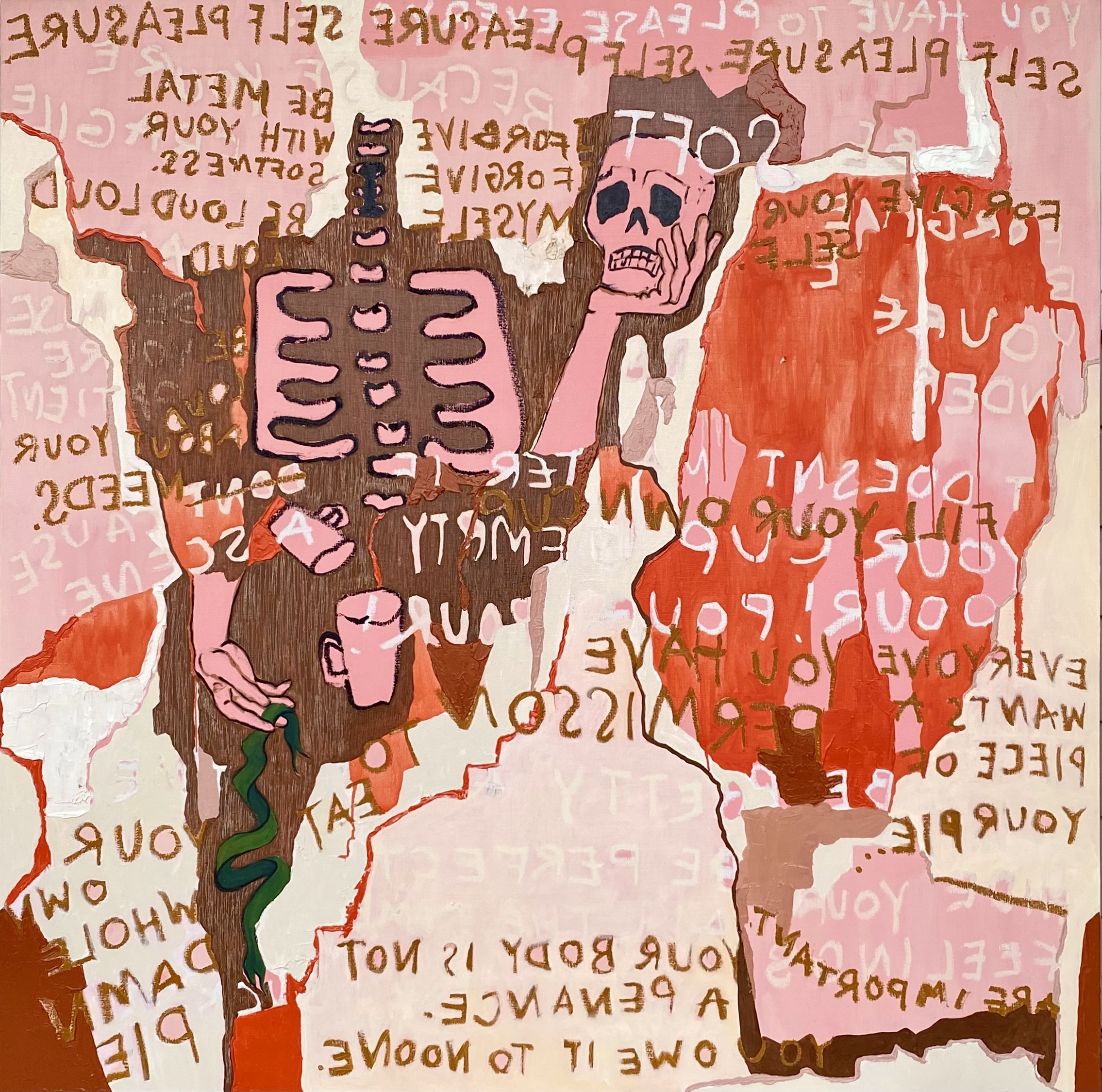 the girl with the green ribbon around her neck Ann Haley48 x 48 inchesOil paint and stick on repurposed painting from 20132023