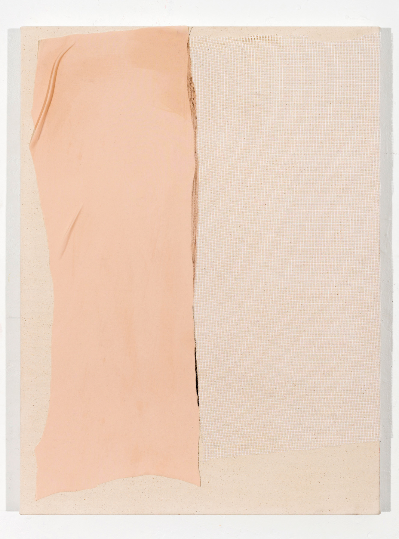 Through, 2018, 30 x 22 in, Acrylic medium, found fabric, and graphite on canvas