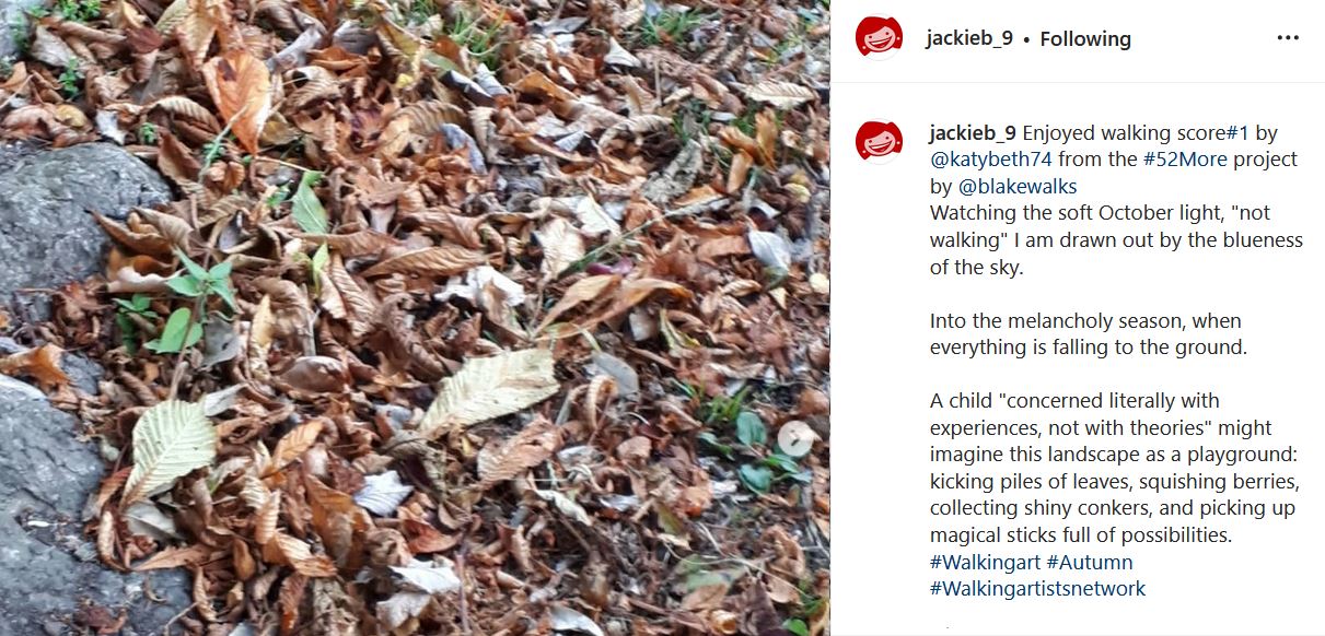 Instagram post by jackieb_9. Brown, orange and yellow leaves, with rocks next to them. The text reads: "jackieb_9's profile picture jackieb_9 Enjoyed walking score#1 by @katybeth74 from the #52More project by @blakewalks Watching the soft October light, "not walking" I am drawn out by the blueness of the sky.  Into the melancholy season, when everything is falling to the ground.  A child "concerned literally with experiences, not with theories" might imagine this landscape as a playground: kicking piles of leaves, squishing berries, collecting shiny conkers, and picking up magical sticks full of possibilities. #Walkingart #Autumn #Walkingartistsnetwork"