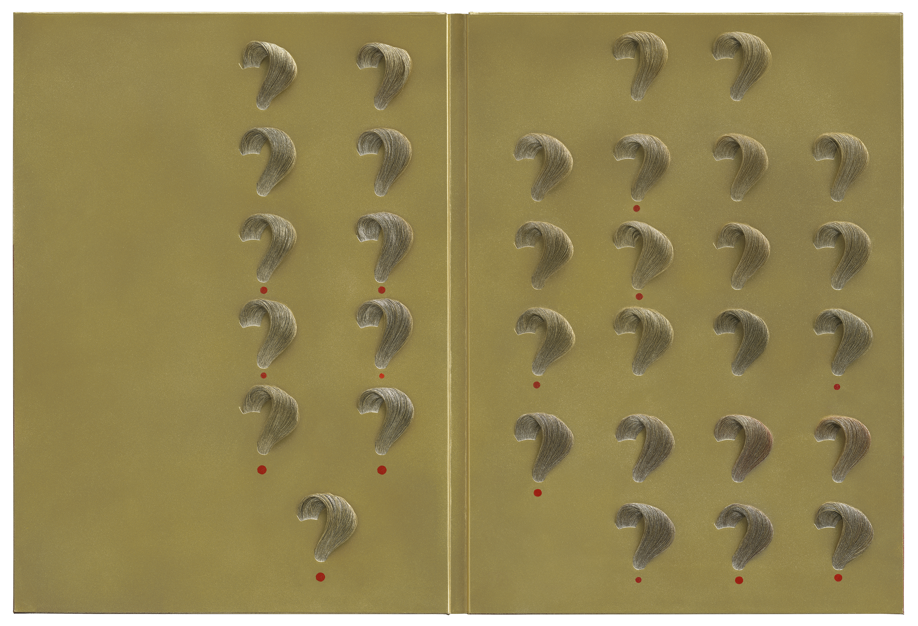 Questions, 2021, Spray and Oil on Hair Sample Board, 48x36 cm