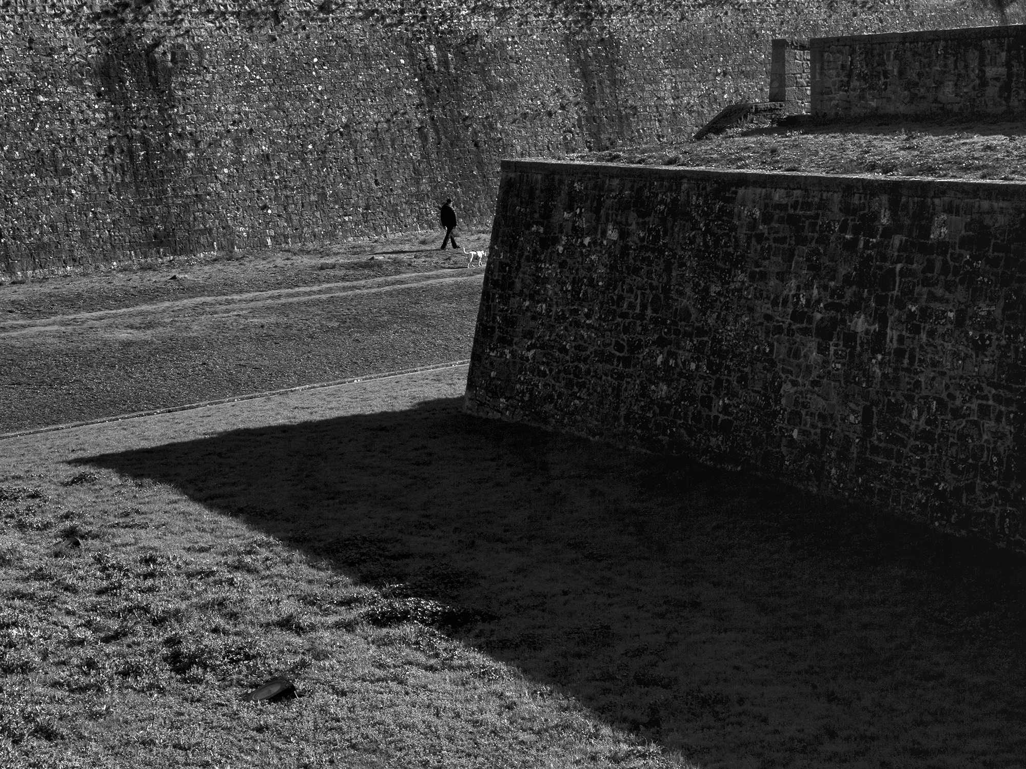 Man walking a dog between walls Pamplona, Spain, 2023
