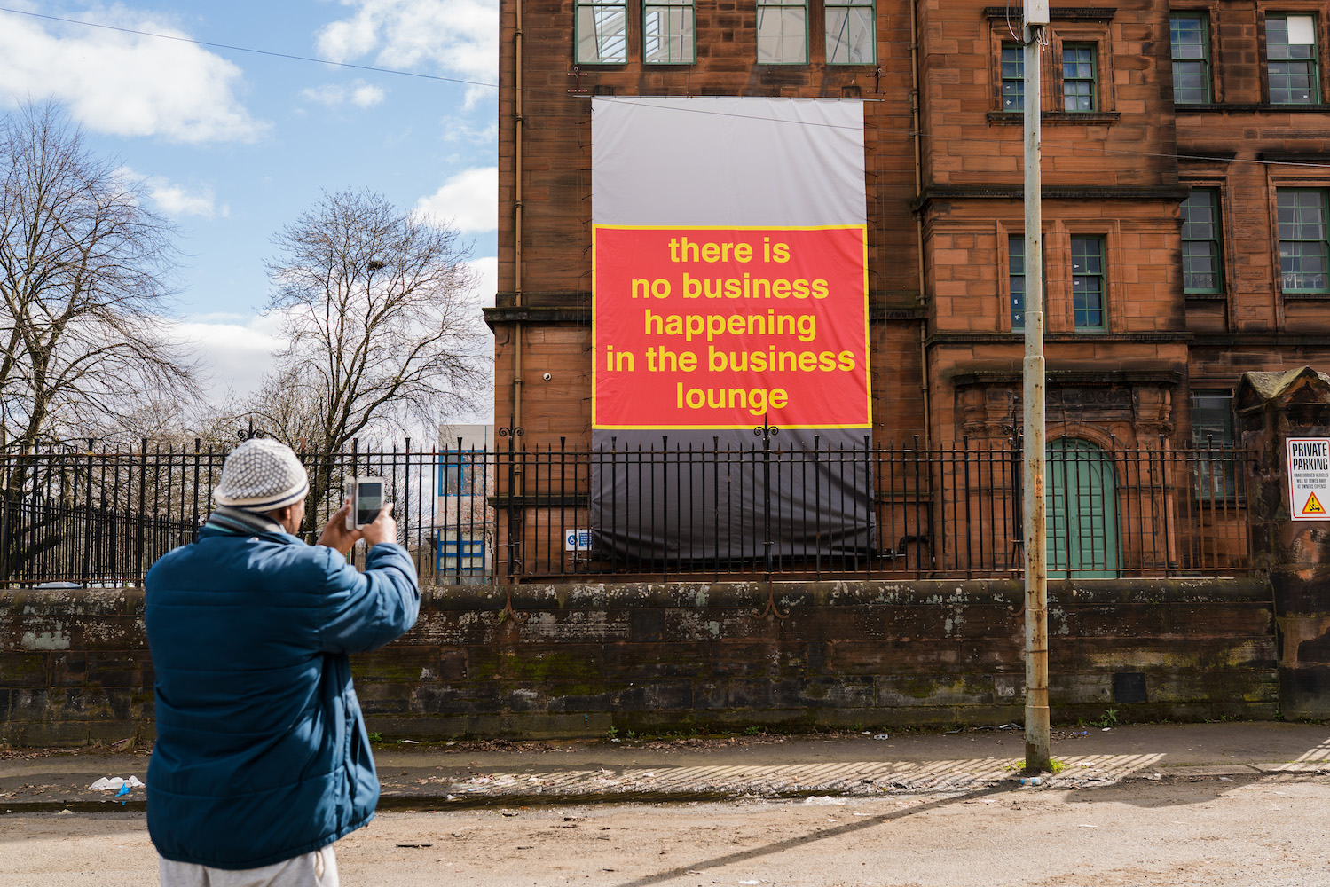 Nora Turato, “There is no business in the business lounge”, 2020. Intervention part of the show “Too Much”, Glasgow International Across The City Programme 2021. Courtesy the artist and Understate Project Ltd. Photography by Daniel Cook.