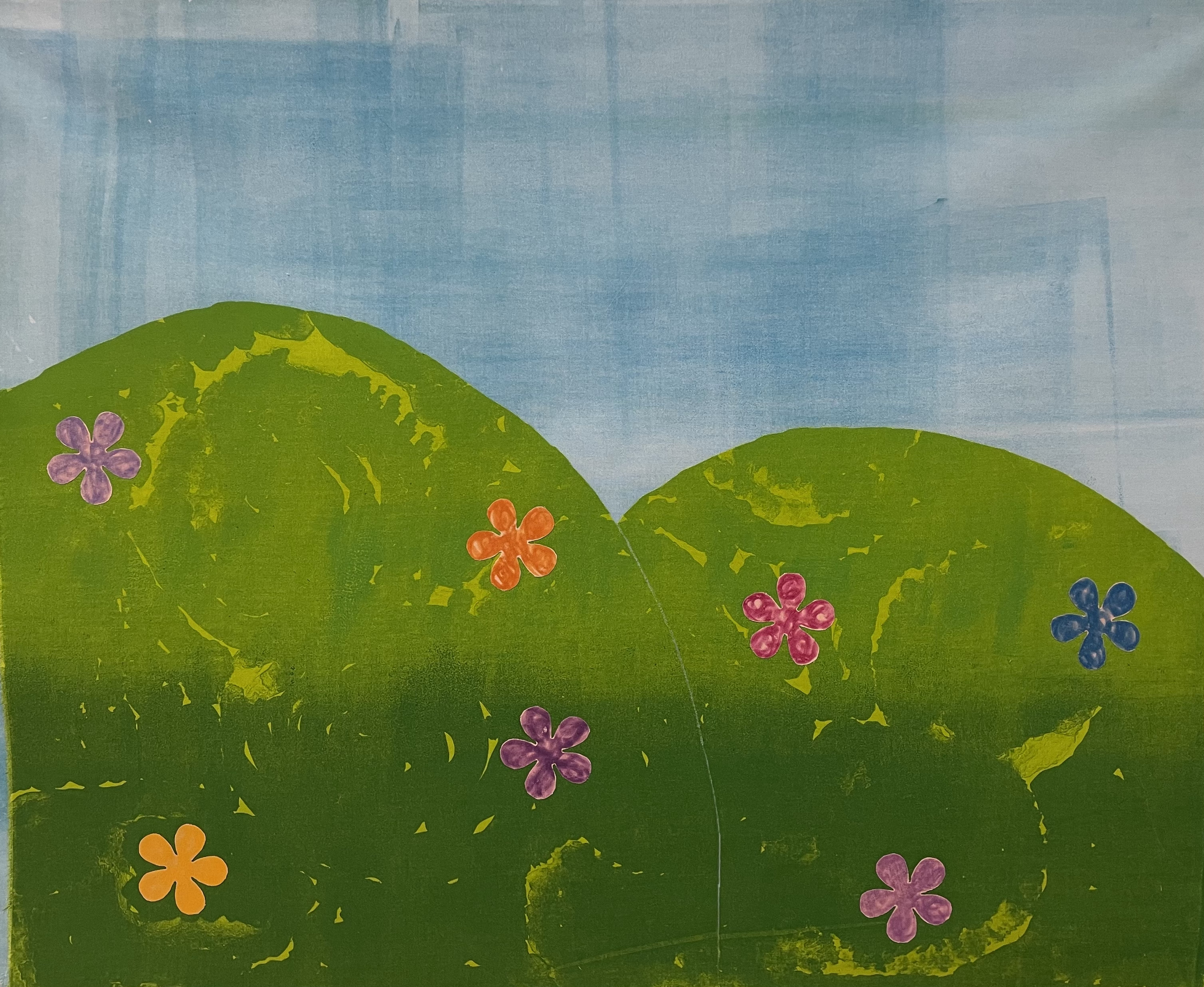 Outside in (Day), lithograph & monotype on fabric, 24”x18”, 2022