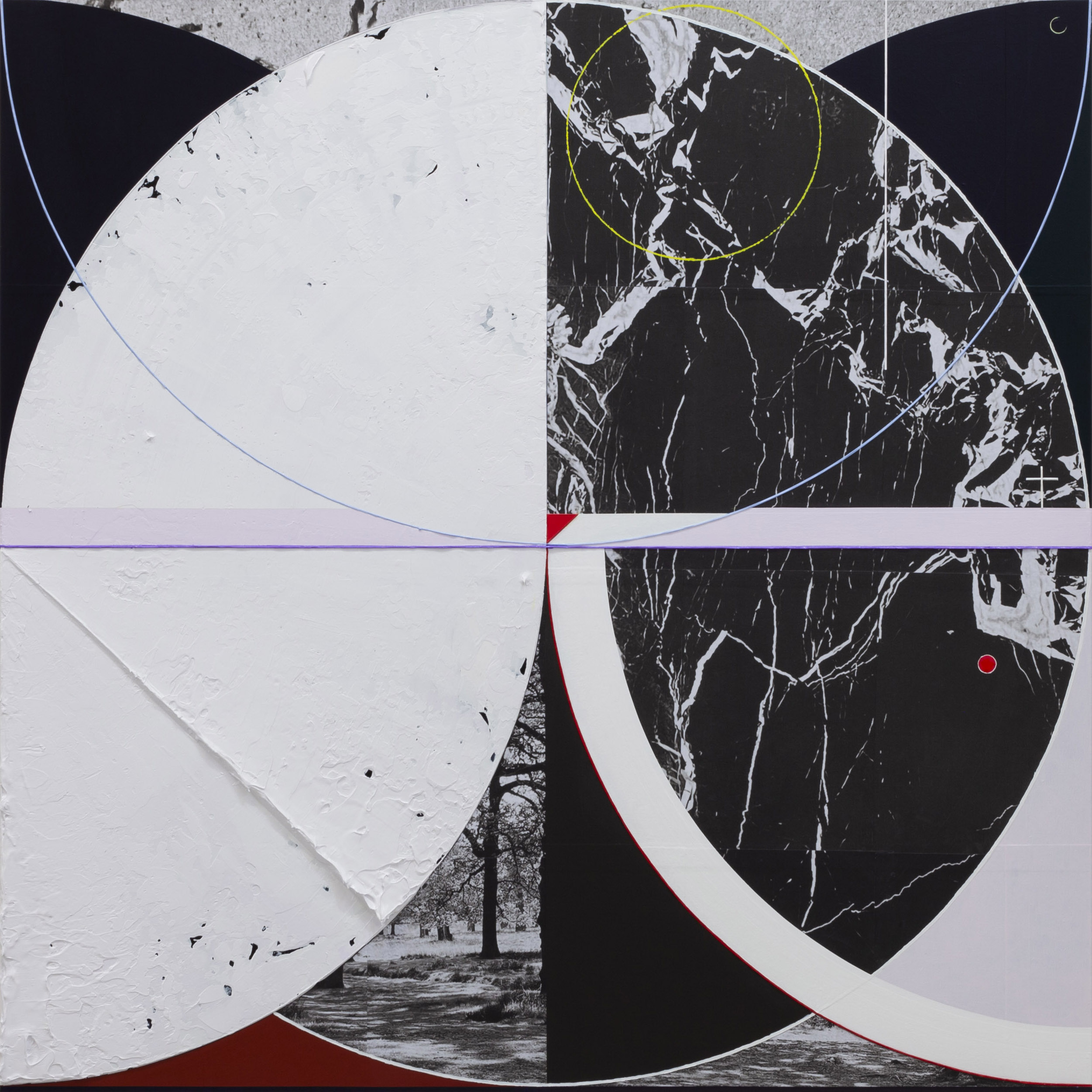The Night Sky, Lightning, Forest, and Cold Magma, 2025, acrylic and photo collage on canvas, 100 x 100 cm