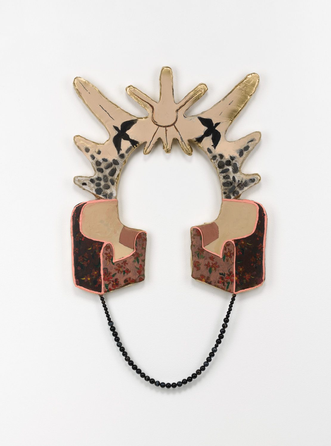 What Crows Bring Home, 2023, wood, plaster gauze, resin, acrylic, acrylic molding paste, rocks, black agate beads, spray paint, 26 1/4 x 16 x 1 inches (66.7 x 40.6 x 2.5 cm)