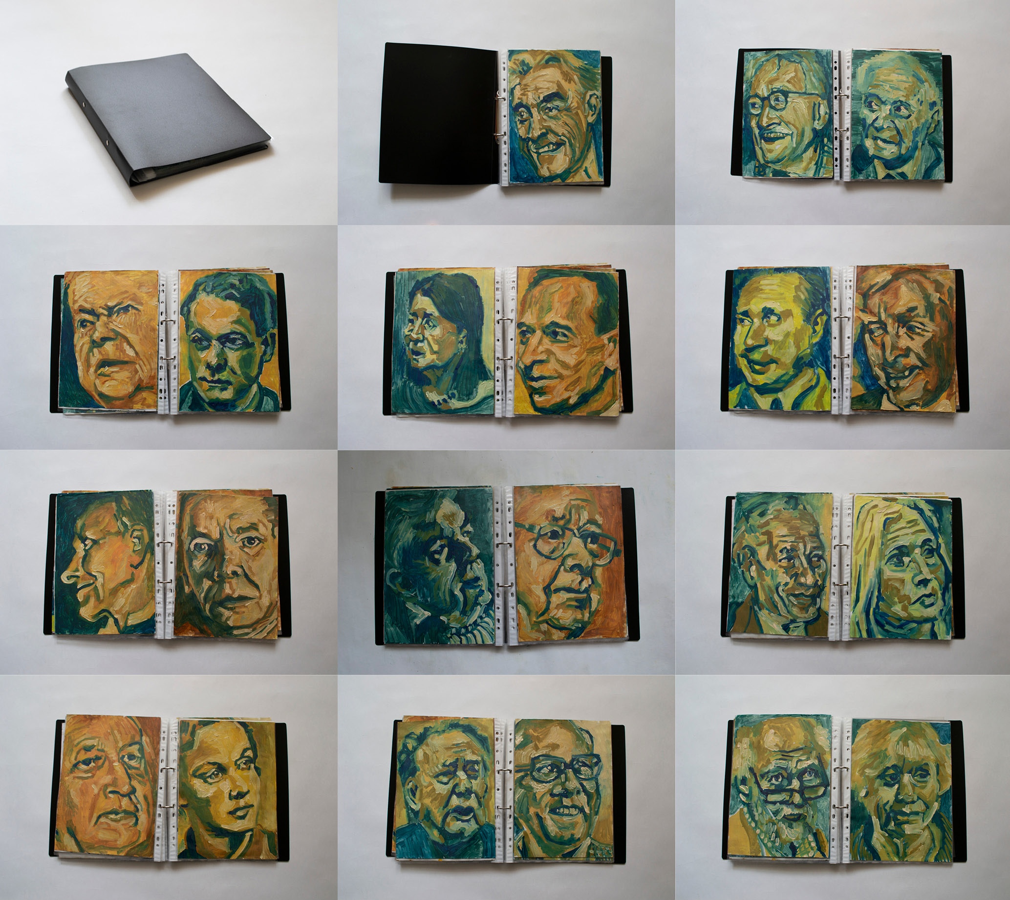  Sch, 2024, Oil on Paper, 29,7x21cm (x21). The artwork includes portraits of the 20 members listed in the "Swedish Academy's" 1997 register, as  well as "Kulturprofilen" Jean-Claude Arnault. It marks the first time the Swedish Academy was contacted  regarding a rape committed by Arnault. All the members avert their gaze, but Jean-Claude Arnault looks directly at you as if to recreate the  Academy's neglect of their knowledge of the crime. 