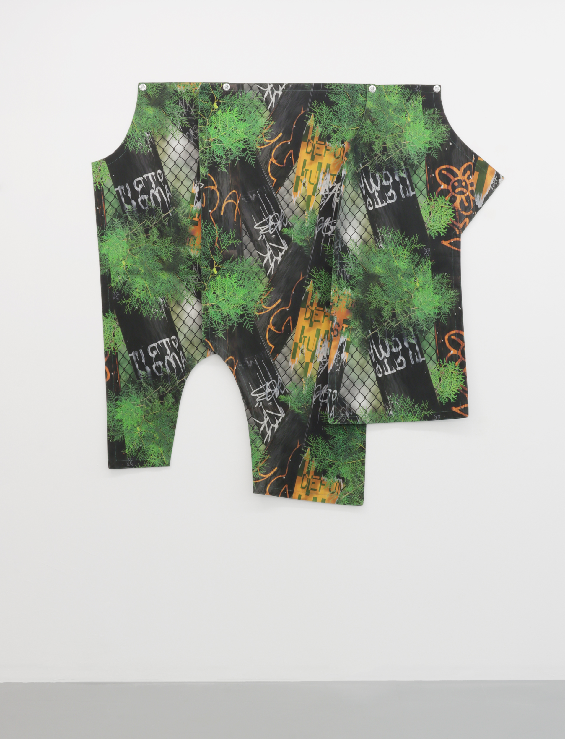 Released so it could be reinforced (Urban camo for East Hastings), 2023, reactive inkjet print on canvas, grommets, thread, 59 x 59 in. (150 x 150 cm)