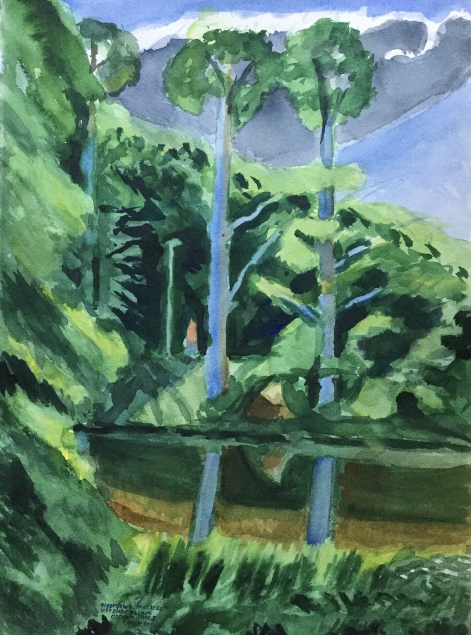 Corona Time III - Uitzicht van balkon, namiddag 2020 - watercolor 80x60 cm (photo Merlijn Doomernik, NRC)