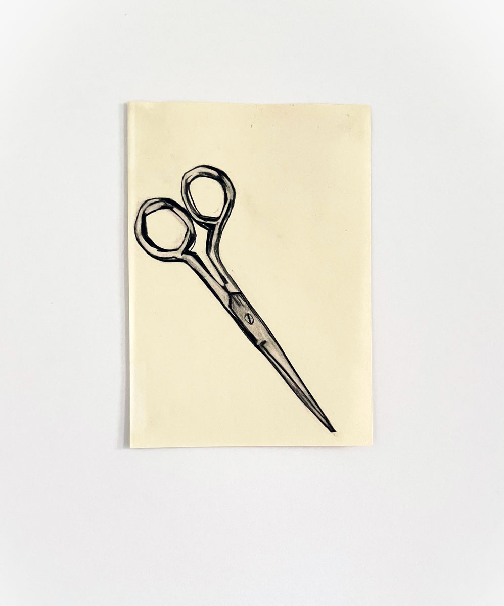 3/26 — SCISSORS.During her residency at the MQ21 in Vienna, Austria, as part of her Fulbright Independent Scholar appointment, Quinn began working on a companion drawing project to The Haircut while conducting new research on women's representation in media.  Charcoal, drawing pens and markers, oil pastel, paint, and pencil, the group of seventy-some drawings ranges in size from A5 to A2 on various papers; 2021-ongoing.