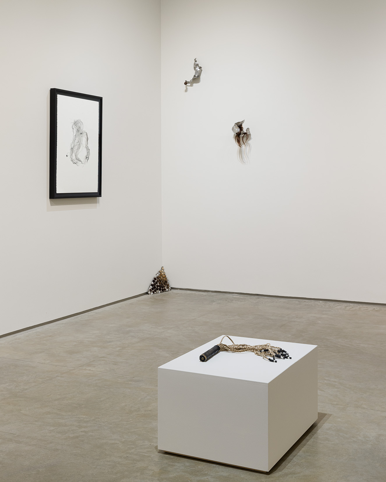 (Front)Calli Roche, All Inclusive, 2022. Leather, aluminum foil, synthetic braiding hair, plastic beads, dimensions variable. (Back, from left to right) Rebecca Bair, PRESSED, 2019. Monotype print, 30 x 22 inches.  Magdalena Dukiewicz, Object #4, 2022. Artist’s hair, steel, 10 x 13 x 2 inches.  Magdalena Dukiewicz, Object #2 , 2022. Artist’s hair, steel, 13 x 7 x 5 inches.  Magdalena Dukiewicz, Object #1, 2022.  Artist’s hair, steel, 11 x 8 x 8 inches. Photo by Etienne Frossard.