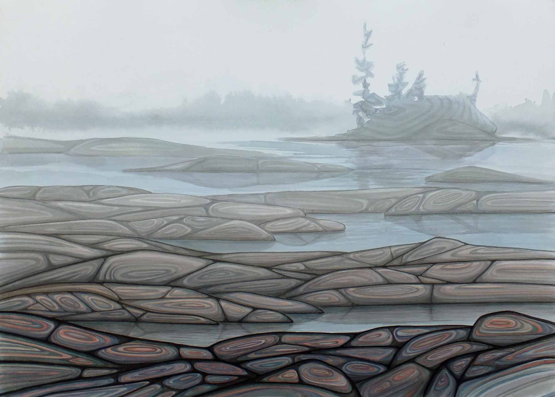 Rocky Channels at Daybreak, India Ink on Arches Watercolour Paper, SOLD