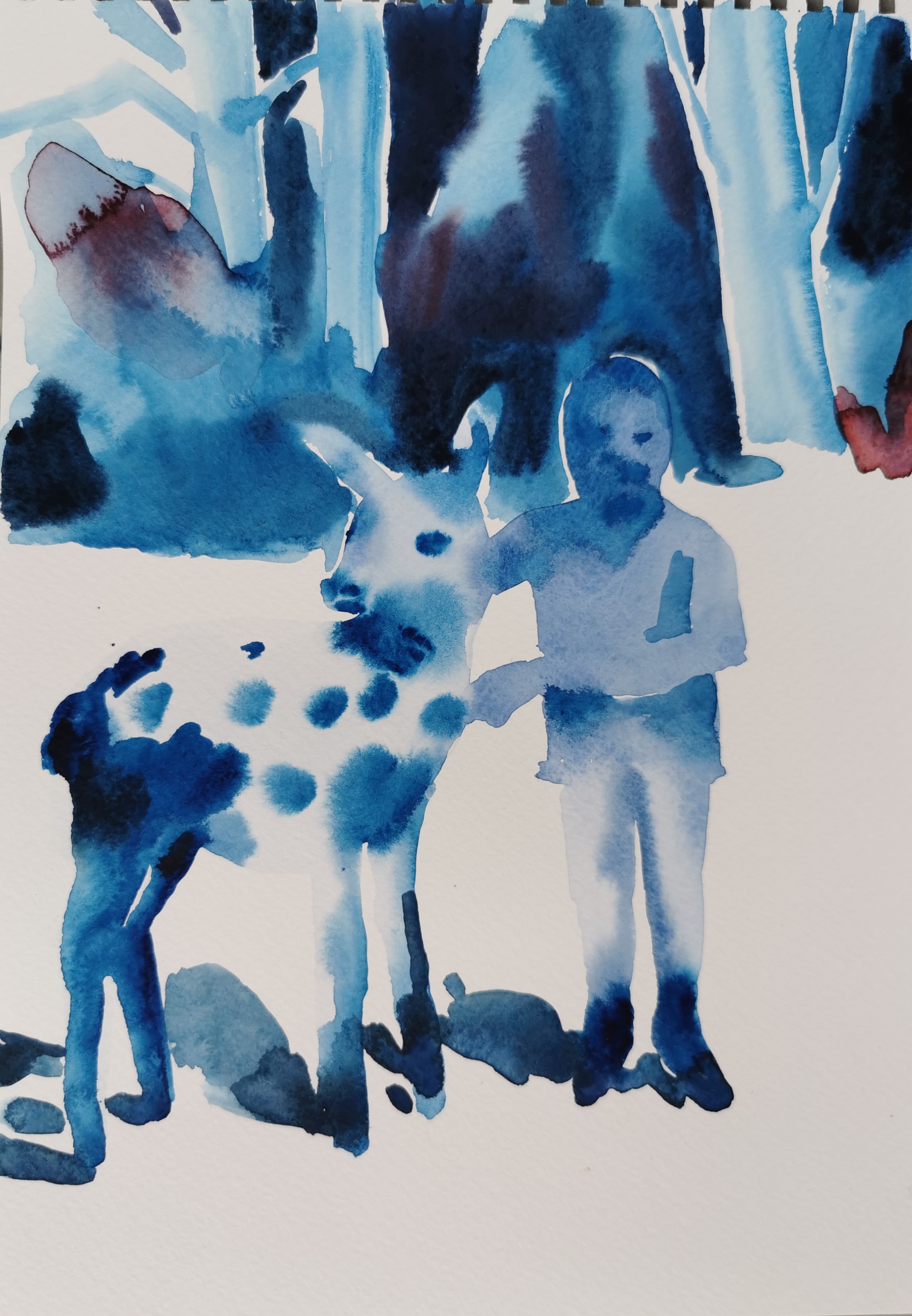 Boy with a deer, watercolor on paper, A4, 2024