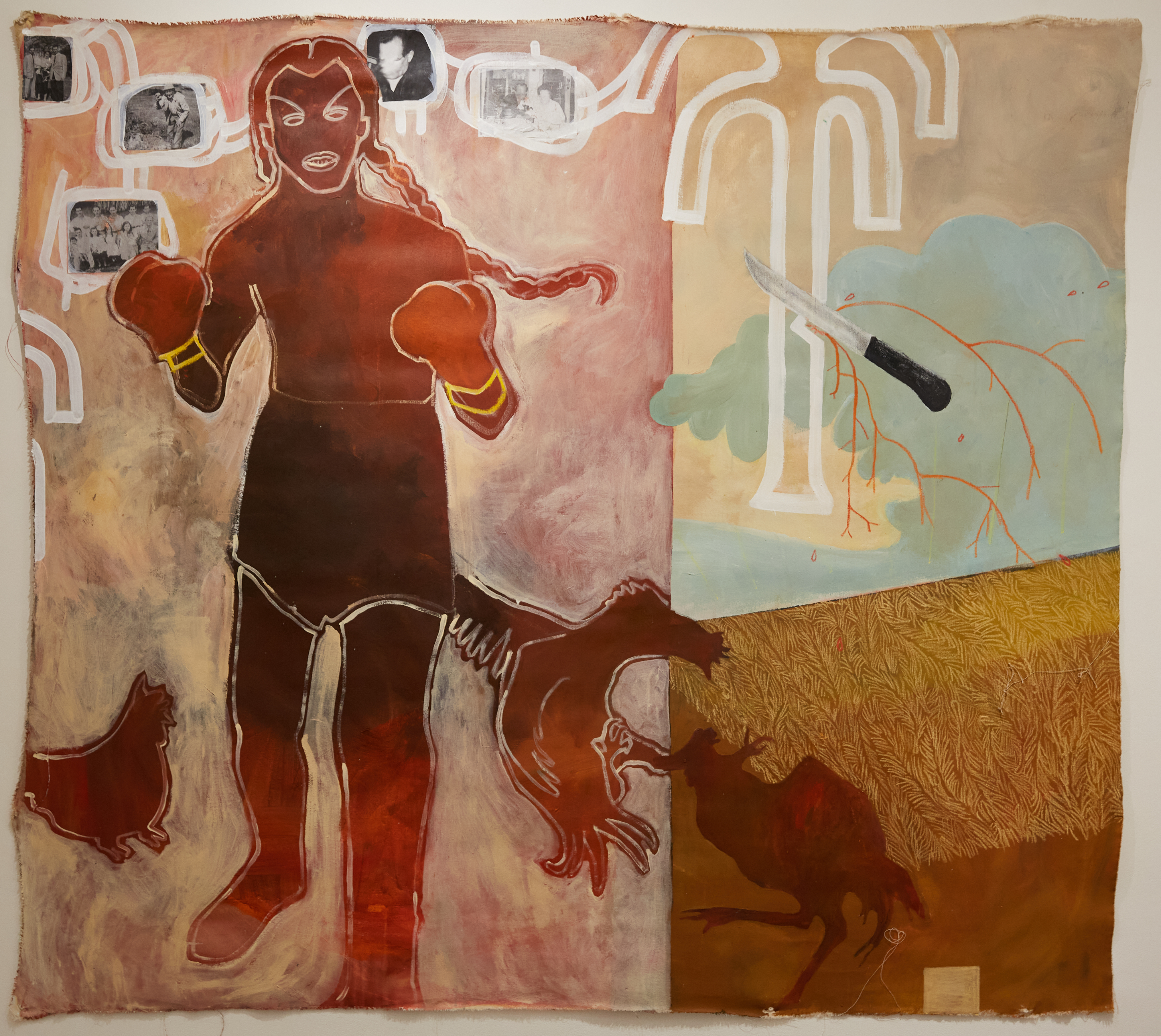 Amy Bravo, Cockfight, 2022, Flashe and Collage on Canvas, 61 x 67 in (ABR-021221)