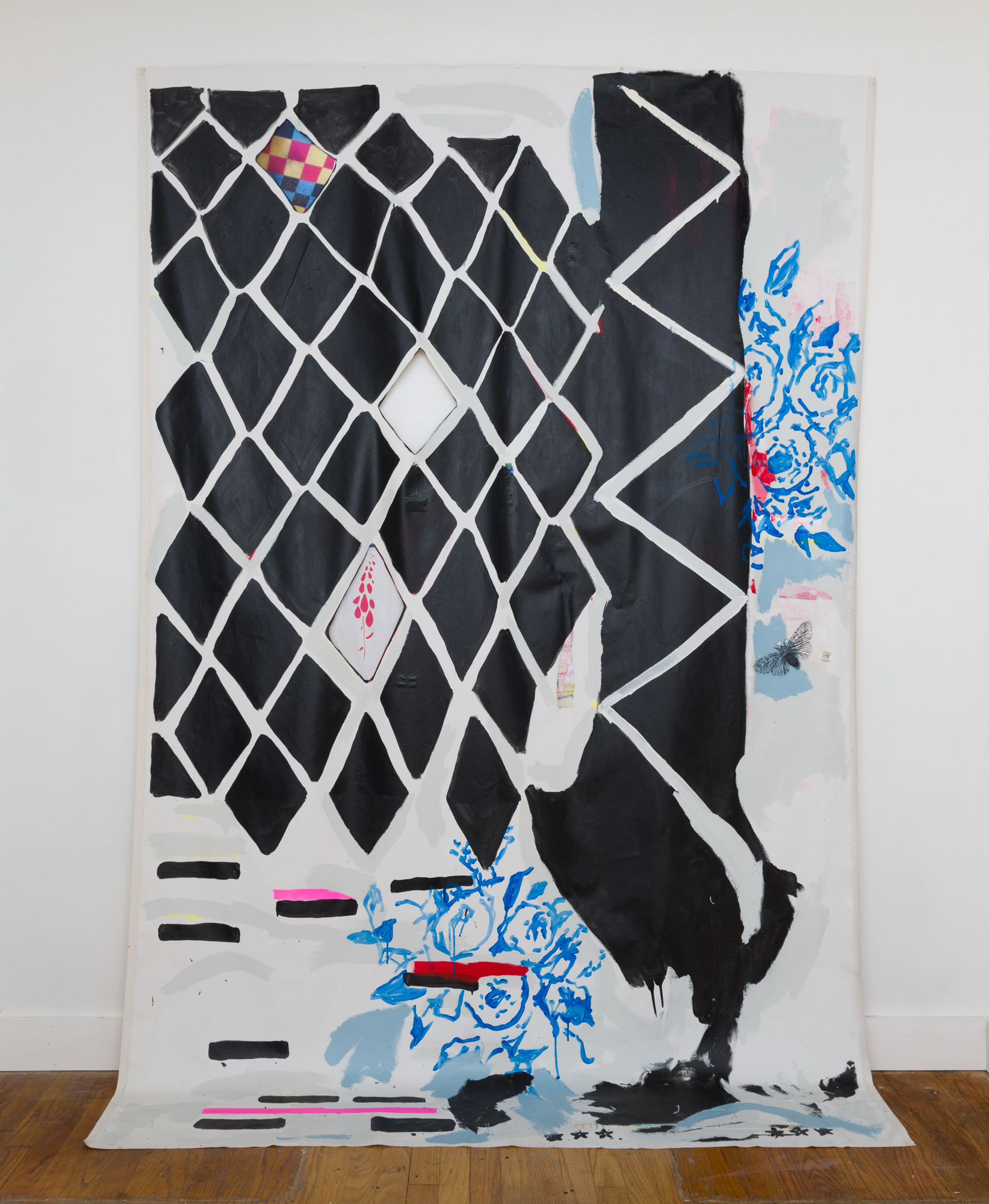 Rewinding, 2024 House paint, flagging tape, vinyl print on cut canvas, 67 x 109 inches