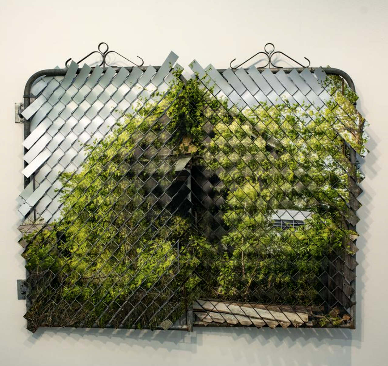 He Said He Saw Things in the Water (Lower 9th), 2023 steel, chain link mesh, UV print on synthetic resin 80 × 60 × 2 1/2 in | 203.2 × 152.4 × 6.4 cm