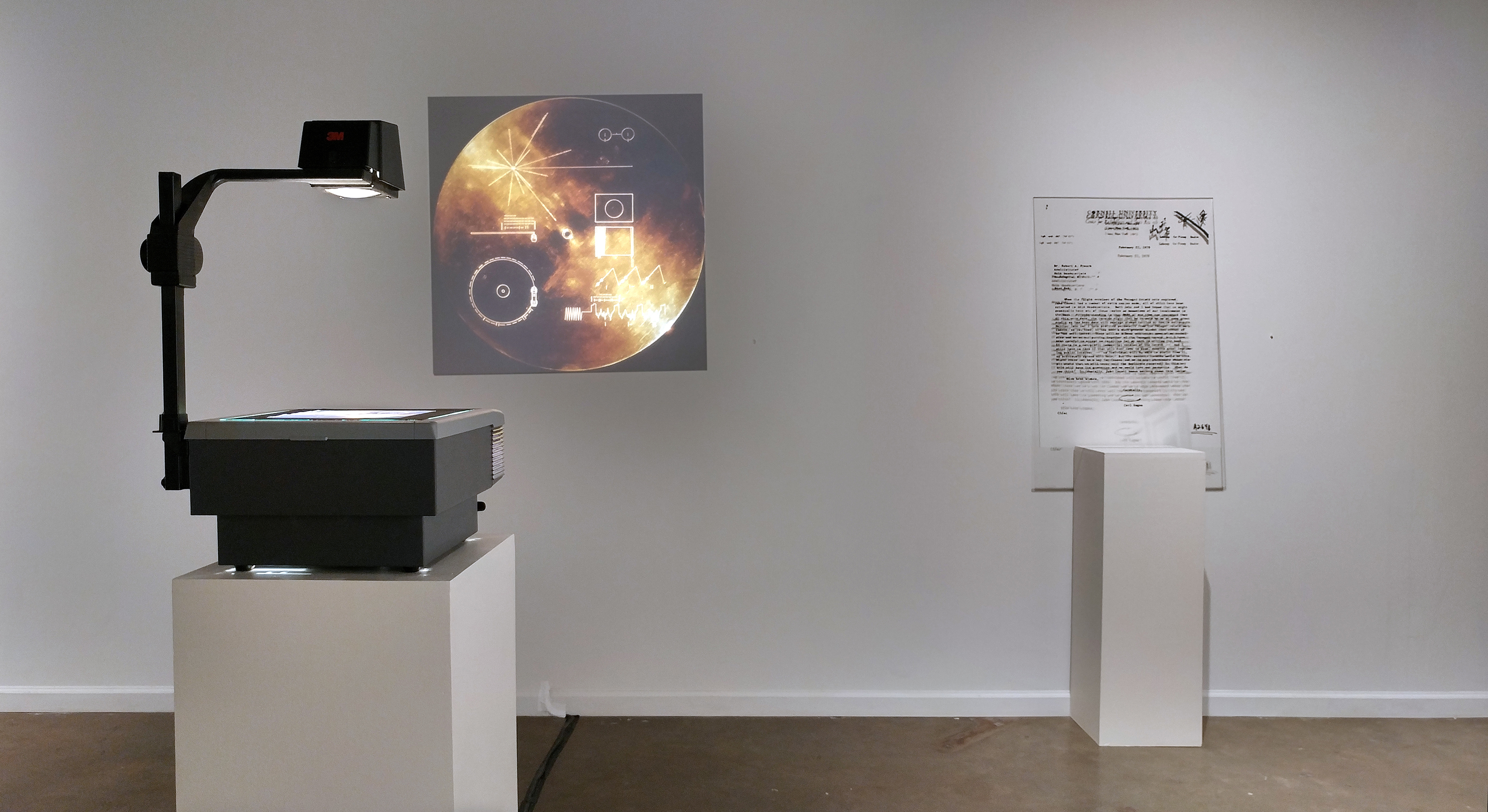 alien to alien communication (civil) video, overhead projection, and vinyl on plexiglass 2017. Photo credit: Erica Robert Pallo