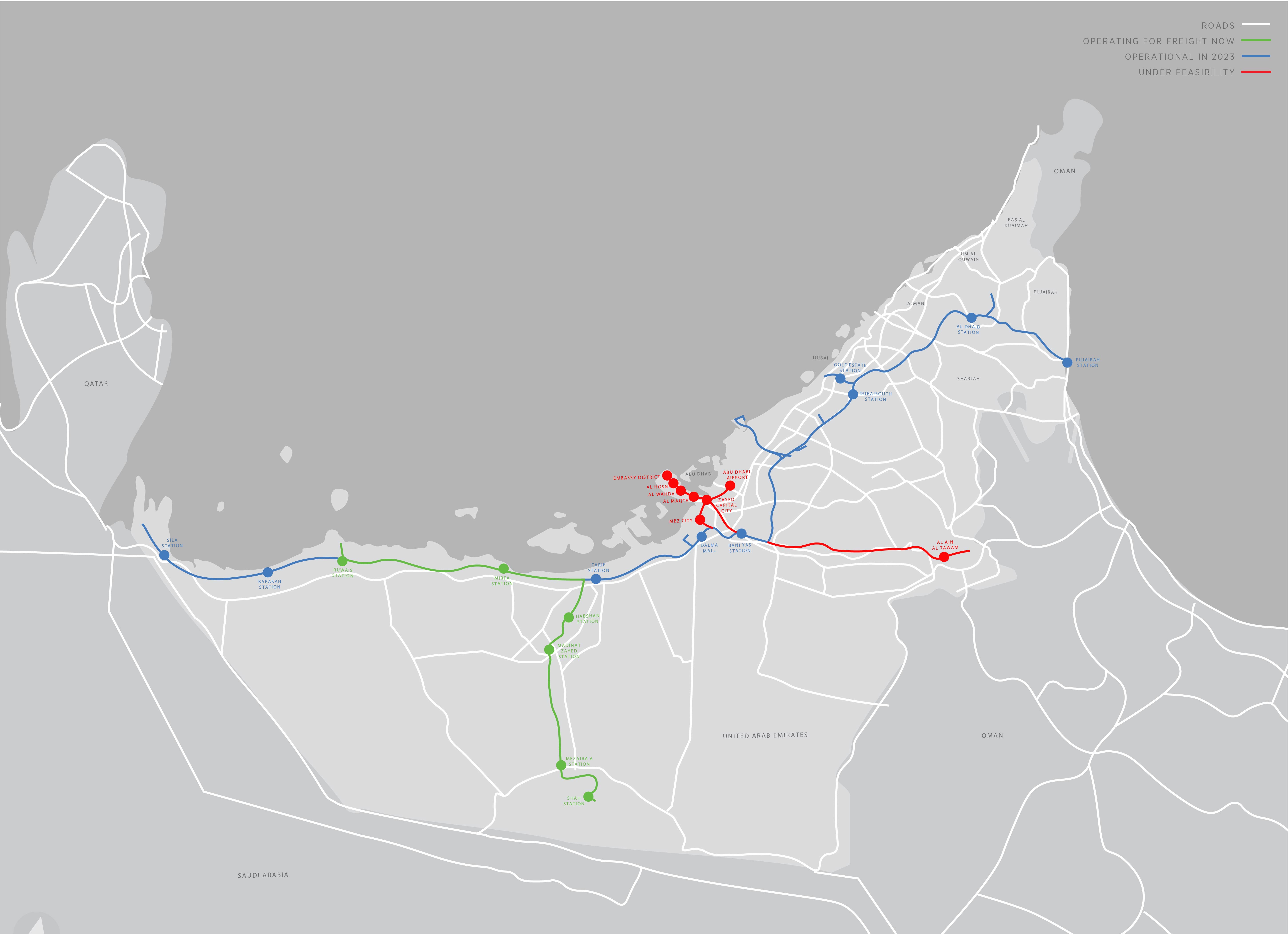 (Above) Etihad Railway will connect the cities of UAE and be a major network for the feight industry and population of UAE.