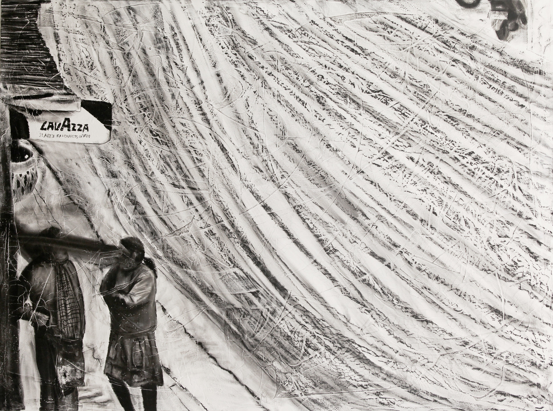 Pokhara ladies, 2018, charcoal, industrial paint on abandoned canvas, 97*130.3(cm)