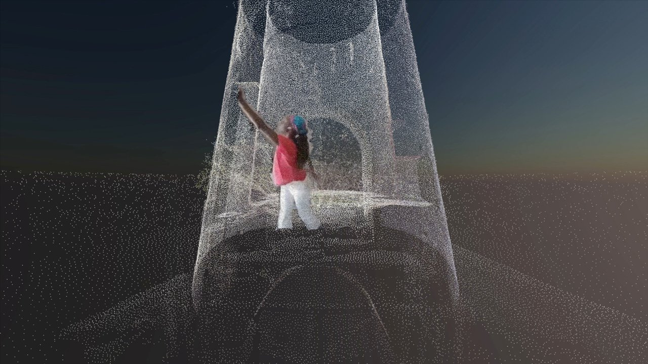 [Valencia James dancing a virtual theater space designed to look like a sugar mill]Pictures by Simon Boas