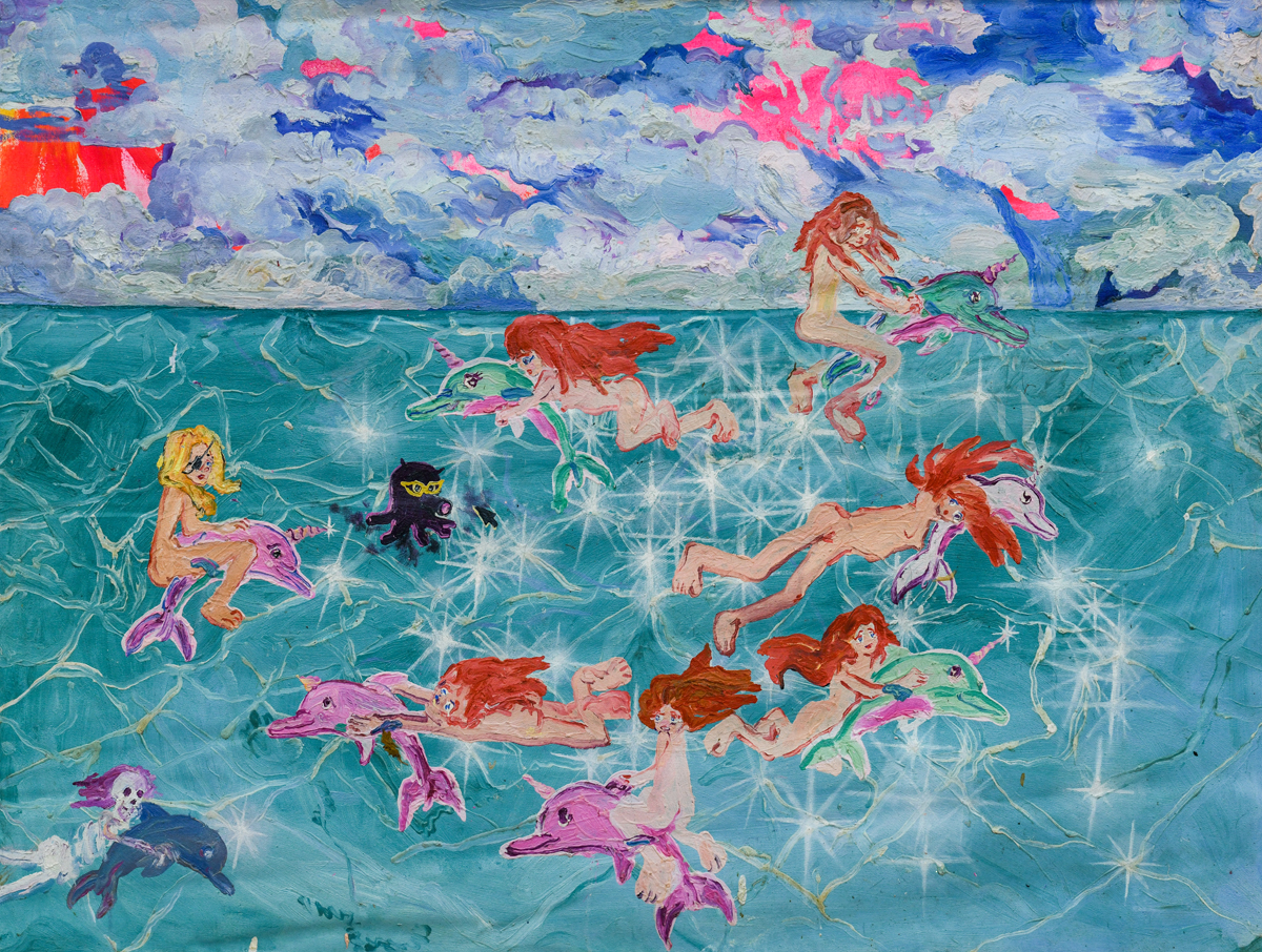 Shortcut to cast shadows and sad face, blurry confused by magick, 2016 - Oil, acrylic, glitter, and plastic gemstone on canvas, 122 x 90cm