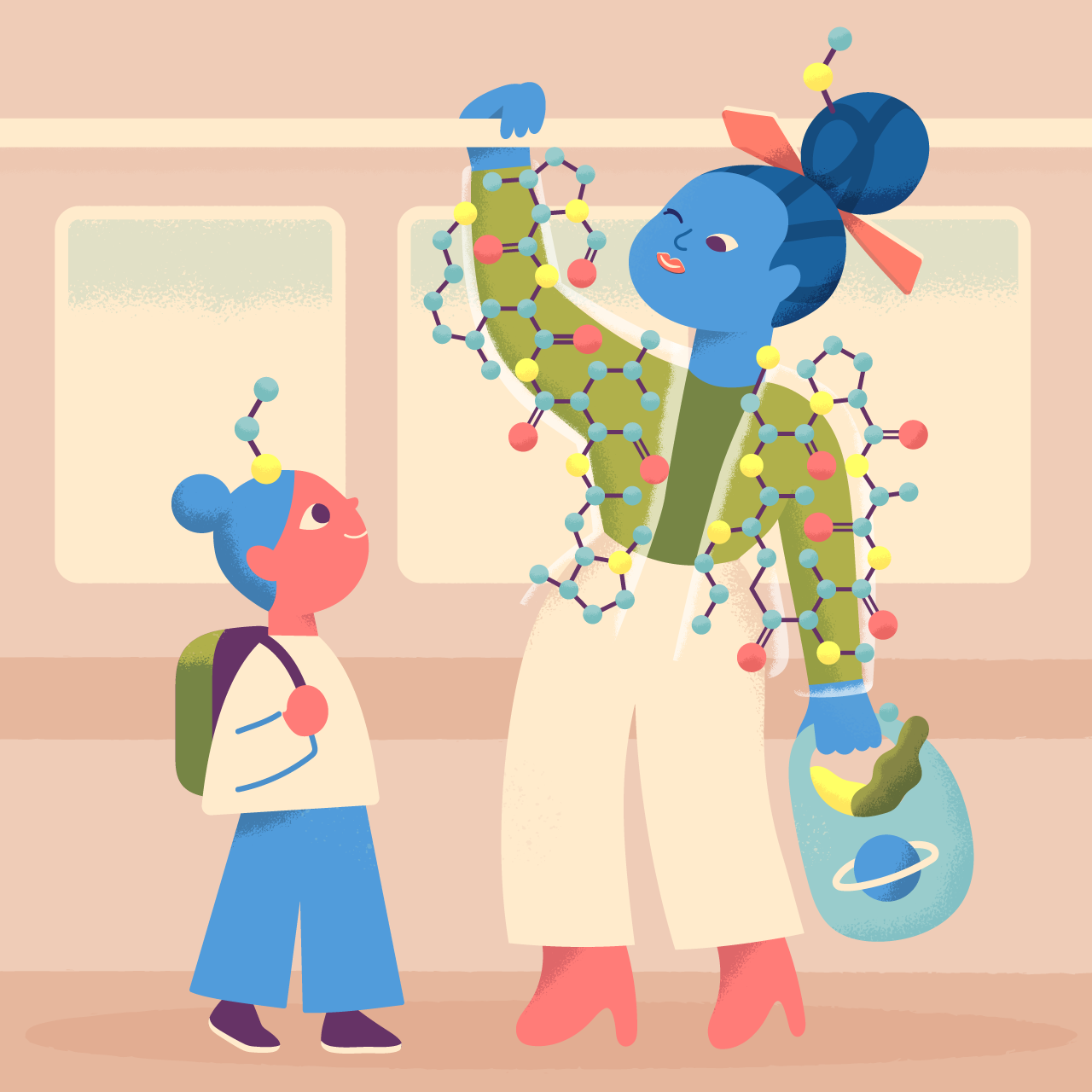 A stylized scene of two characters on public transport. A young girl with a backpack looks up admiringly at a woman with blue skin and a molecular structure wrapped around her arms and shoulders. The woman, holding onto a rail with one hand, wears an olive-green sweater, cream-colored pants, and red boots. She carries a shopping bag decorated with a planet and filled with groceries. The characters have molecular models integrated into their hairstyles, suggesting a theme related to science, STEM, or curiosity. Illustration by Roberto Hikimi Blefari.