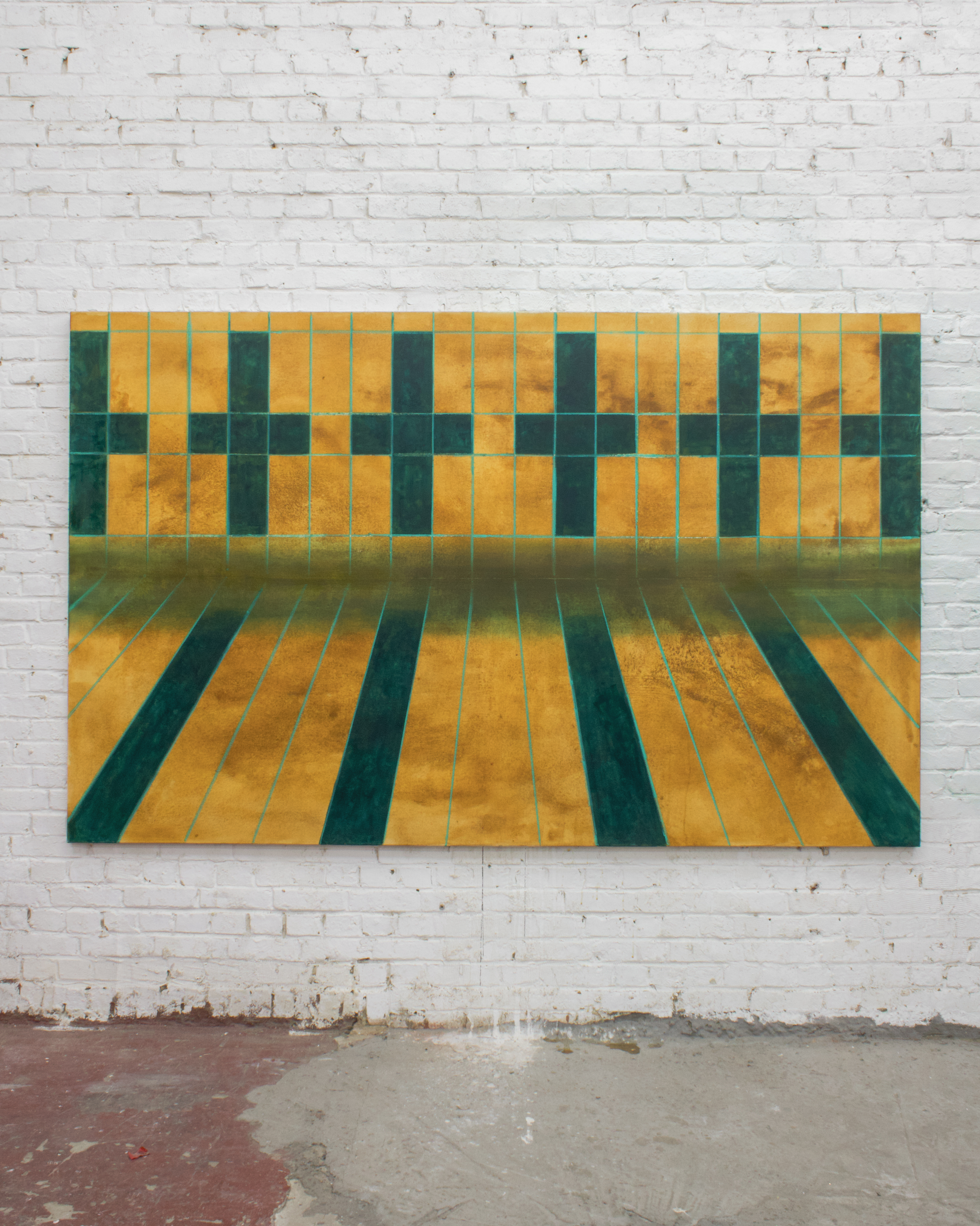 "Sienne and emerald green" egg yolk and oil on cotton, 130x210cm, 2023