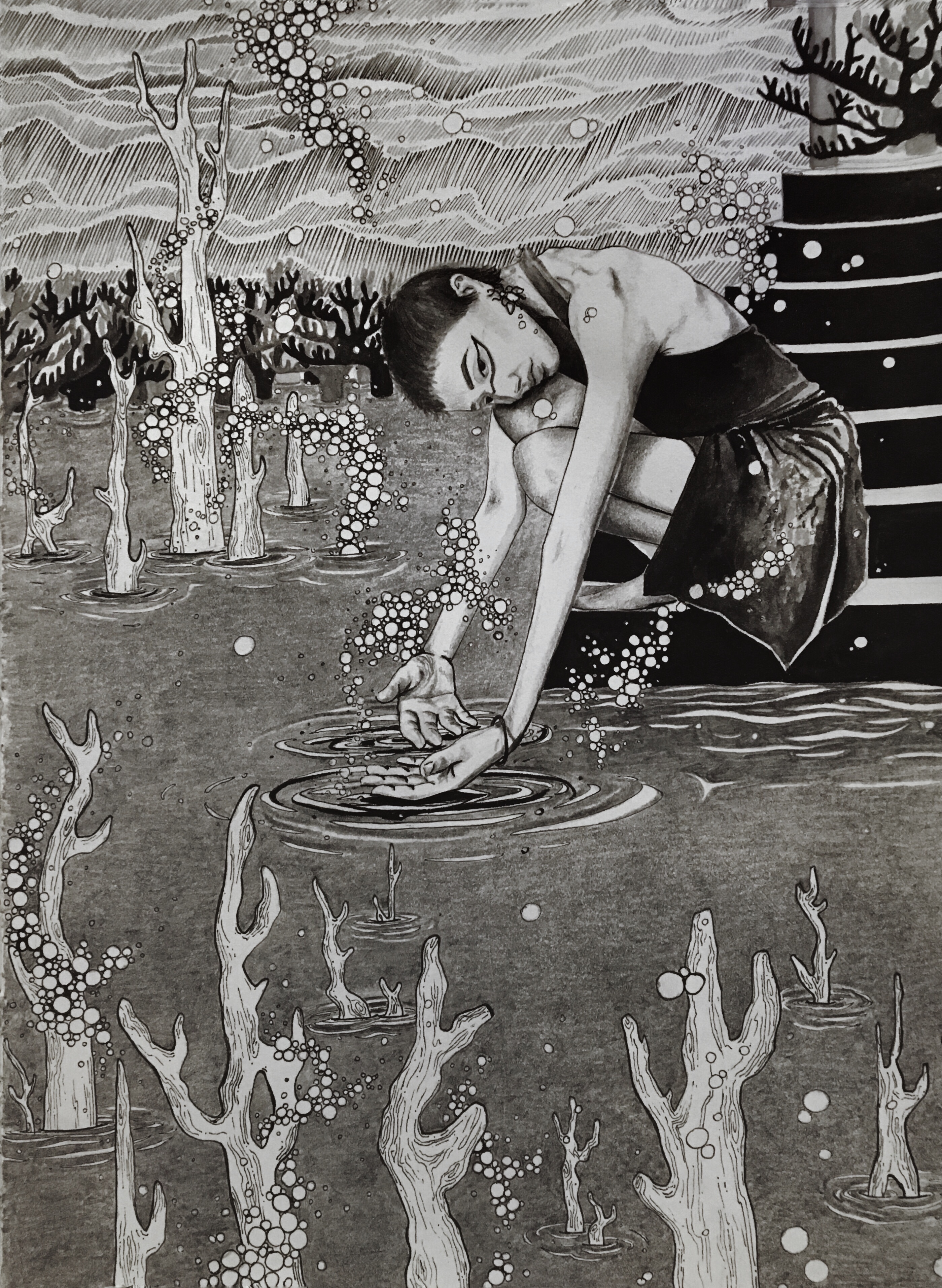 sitting at her desk by the lamp stand (2020)