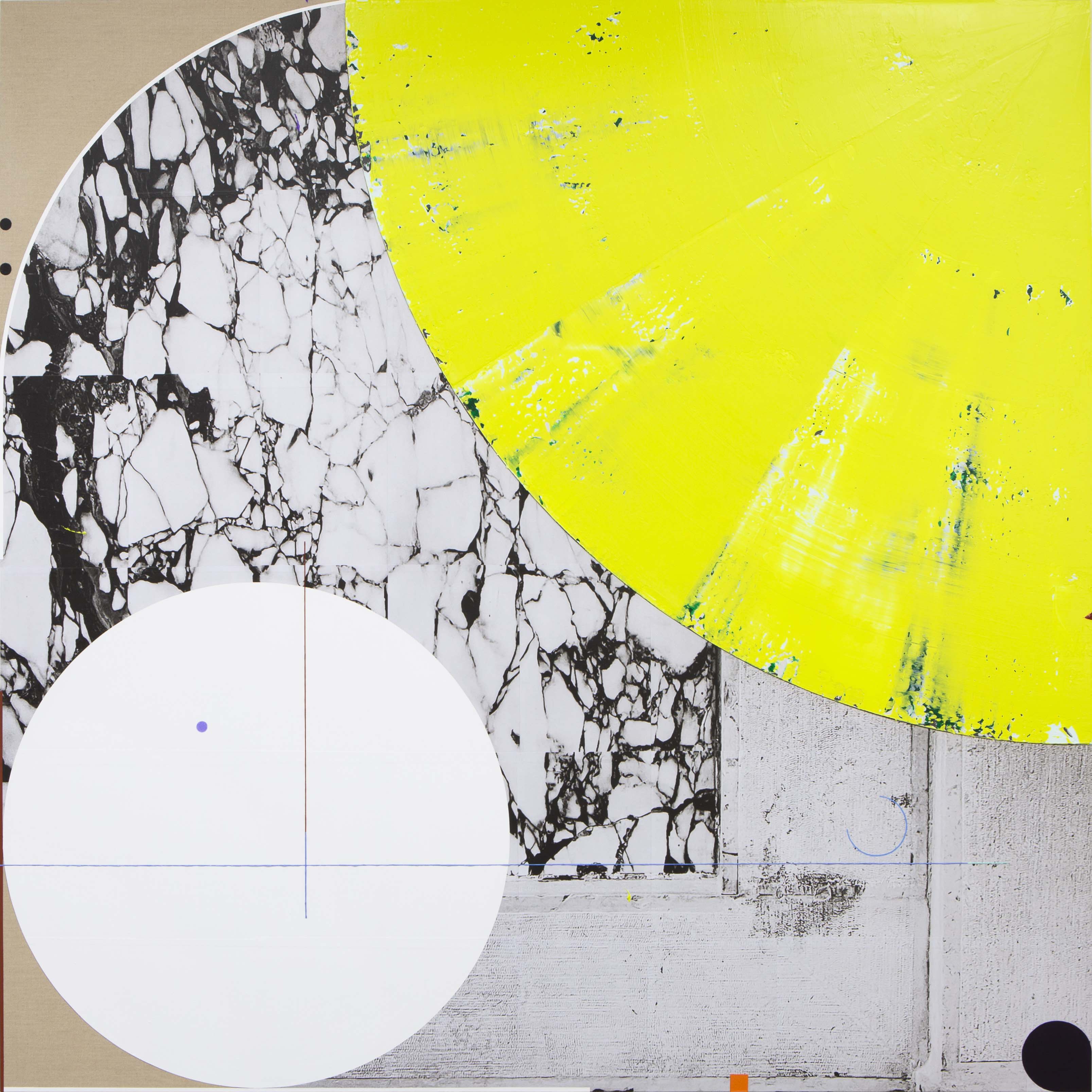 Lime Trees with an Orange, 2022, acrylic and photo collage on canvas, 160 x 160 cm