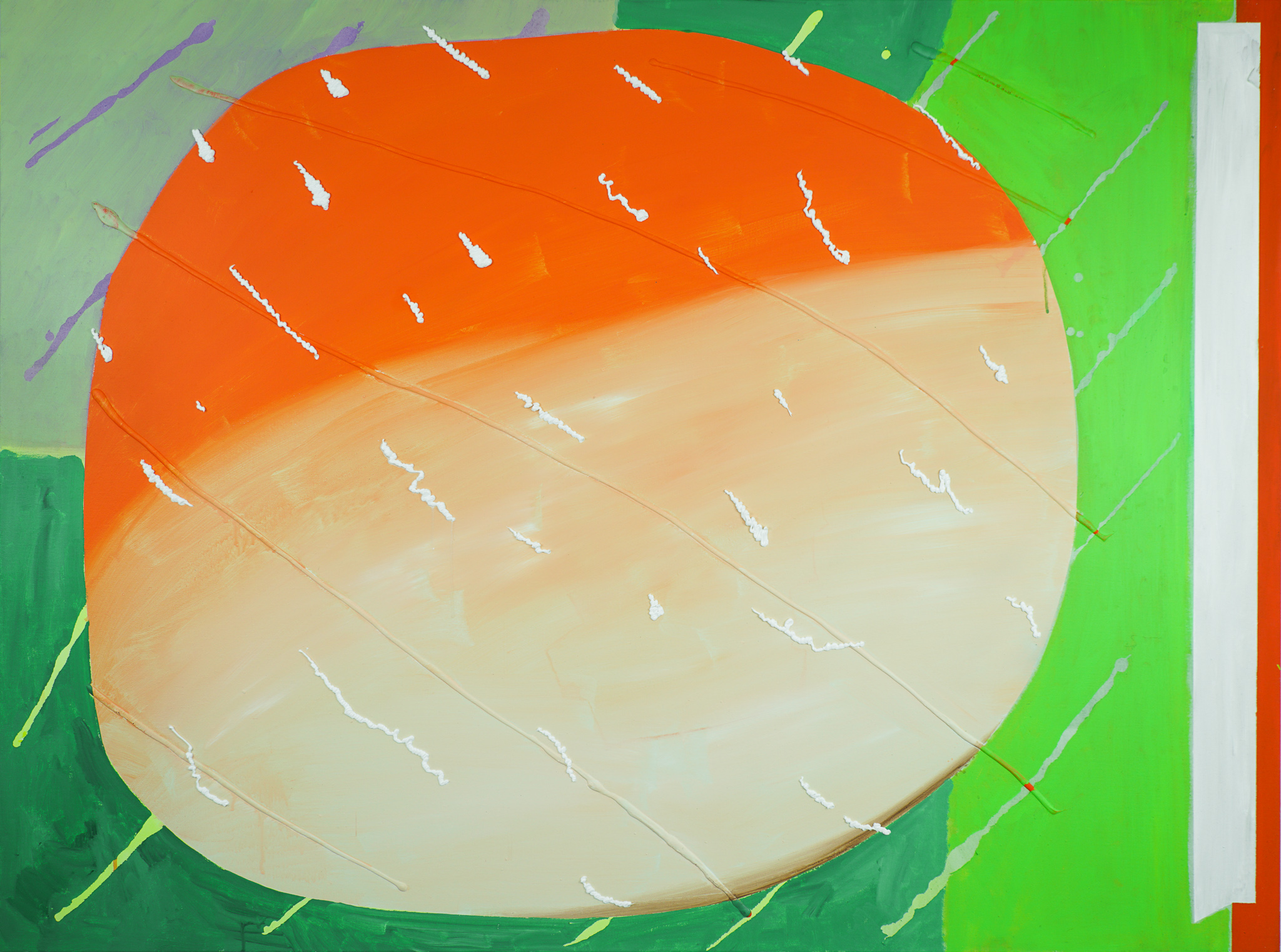 Hidden match, 2021, acrylic, oil and masking fluid on canvas, 97.3x130.4cm.