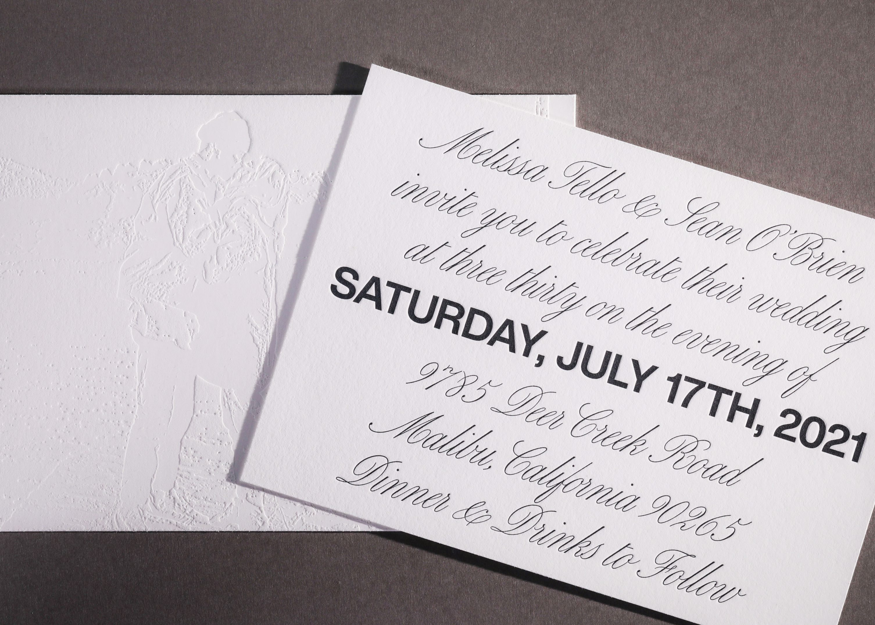 Melissa & Sean wedding invitationLetterpress black ink on front and blind impression on back side of photo.Paper Savoy in natural white
