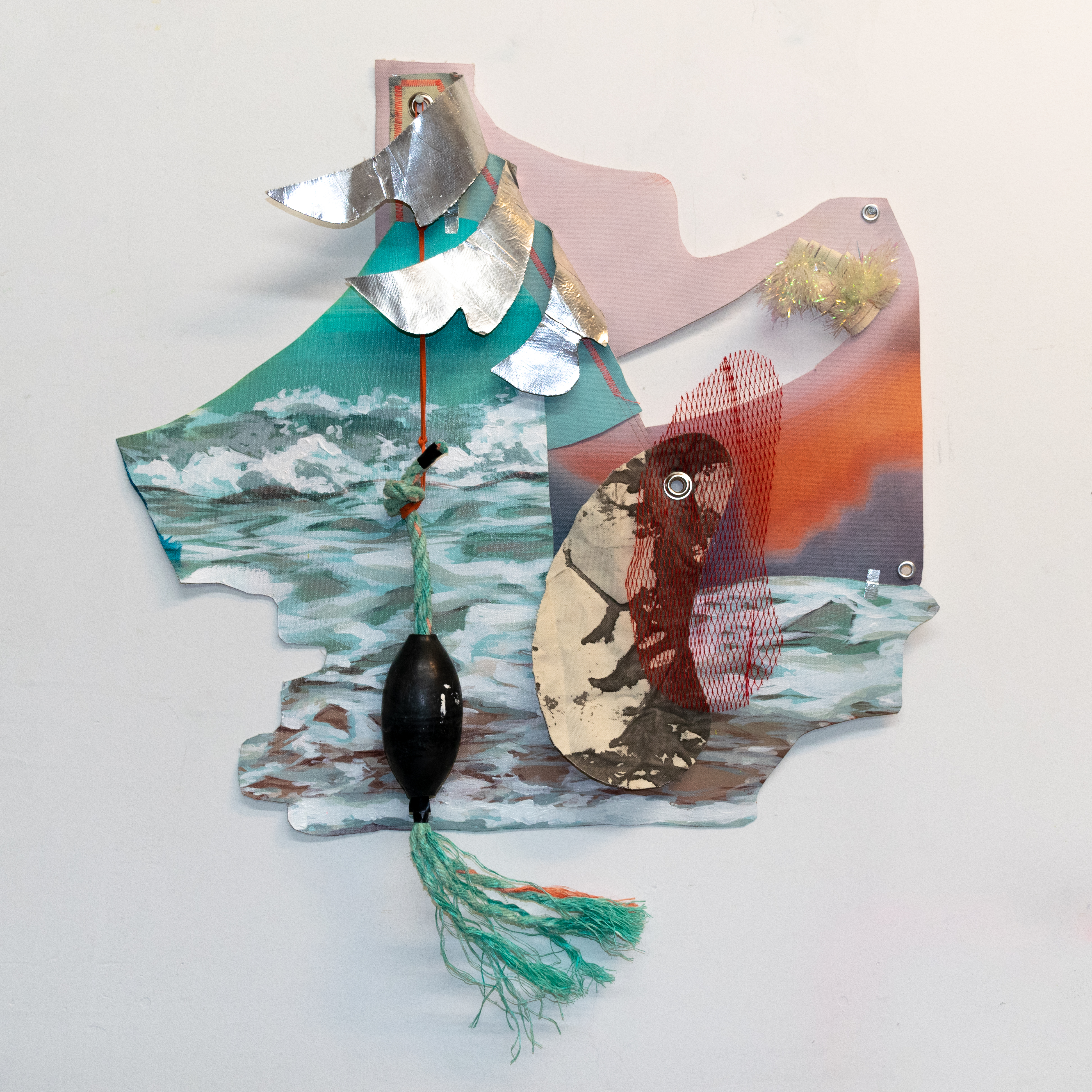 Heat Shimmer in the Late Summer Sun, cut-out paintings, raw canvas, india ink, thread, elastic bands, fishing rope, tinsel, aluminum tape, electrical tape, grommets, tarp, and netting, 24 x 30 x 2.5 inches, 2019.