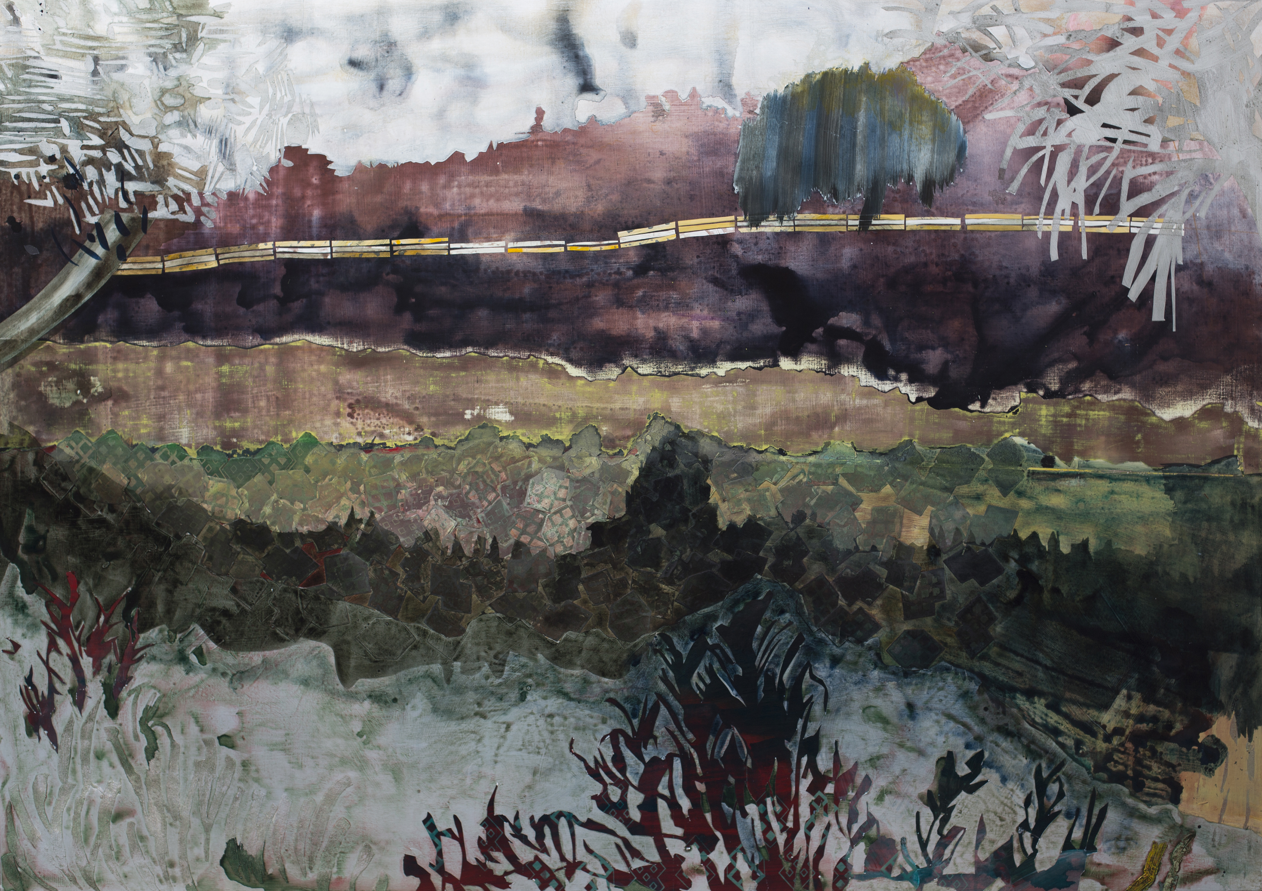  West Coast Tomato II, Acrylic, paper and screen print on panel, 46"x65," 2014