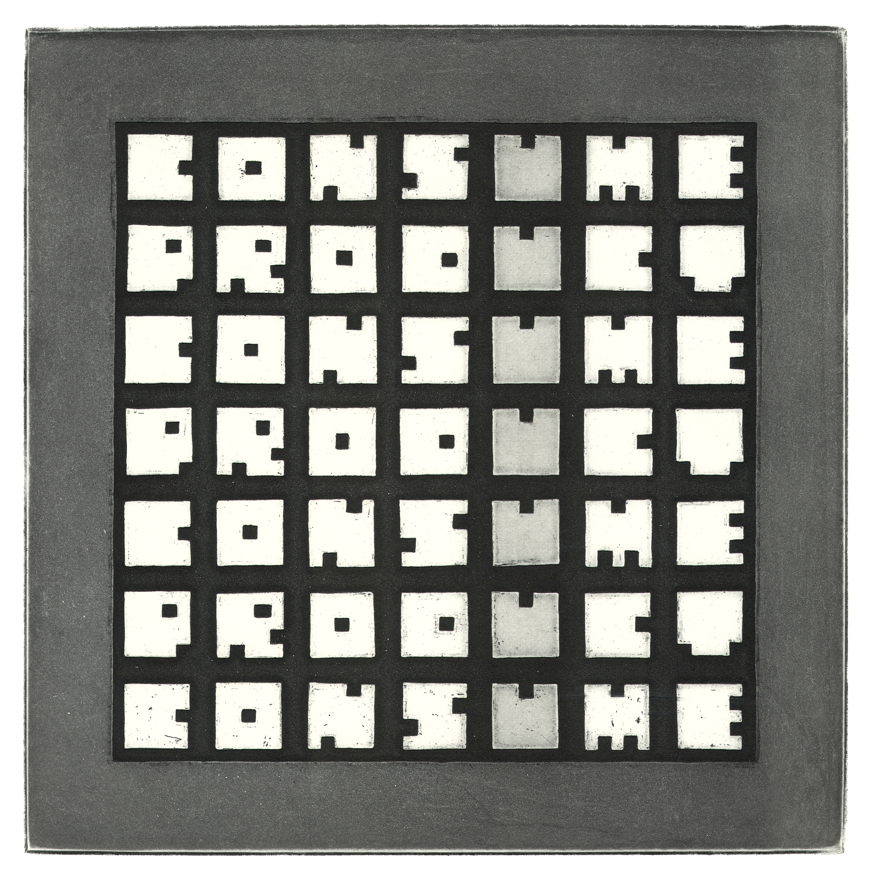 Consume Product #2, 2016Etching with aquatint on Arches paperEdition of 510.5 x 10.5 in.26.67 x 26.67 cm