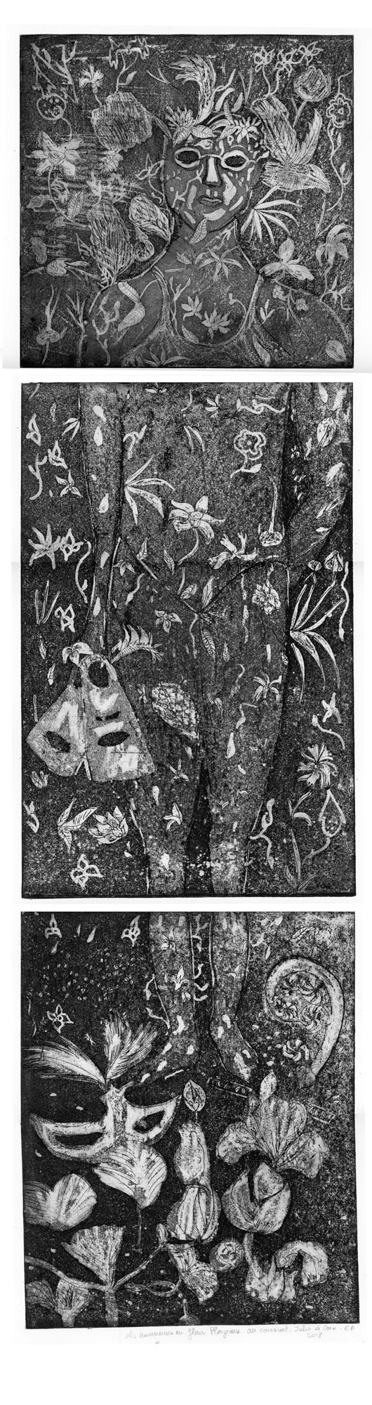 Plongeuse au carnaval, 2018, gravure eau forte et aquatinte, 76,5x19 cm