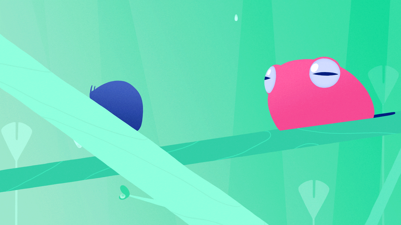 An animated loop of the pink frog sat on a branch in a green rainforest like background, inspecting a snail before devouring it.