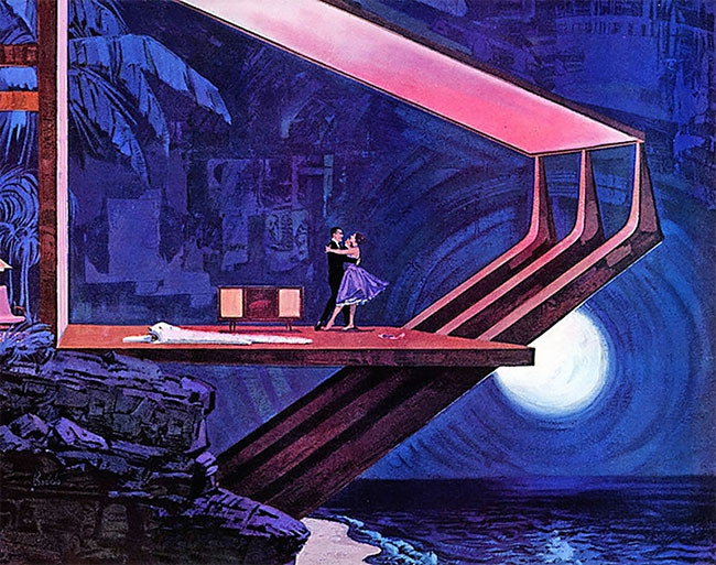 Couple dancing in their futuristic house/structure that has no windows or walls, but looks out over the ocean and into the moonlight.