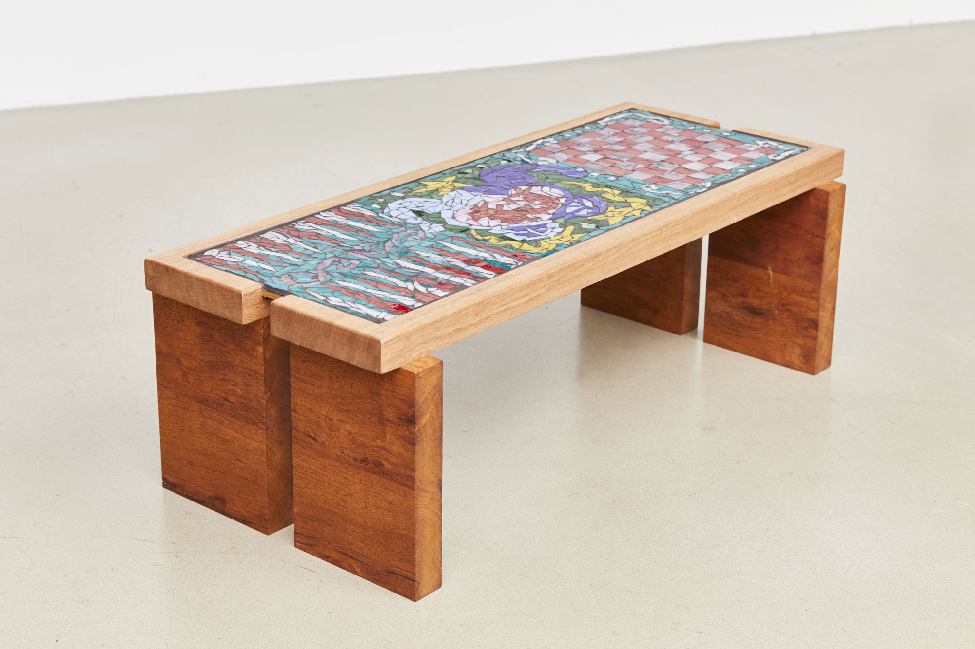  Jacquie Meng Game On Table 2024 Collaboration with Nick Trivett - Glass, recycled Meranti and Merbau timber 84 x 39 x 30 cm. Installation image: Alfonso Chavez-Lujan