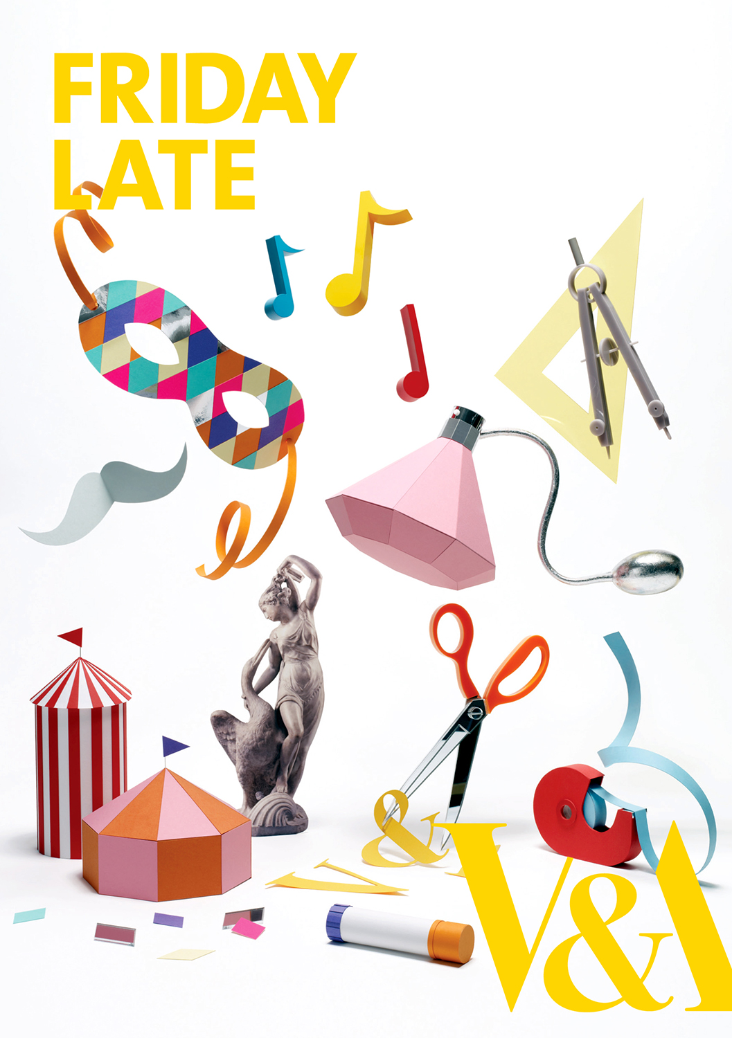 V&A Friday Lates. Seasonal poster and postcard imagery illustrating a programme of themed events at the V&A  Photography John Short
