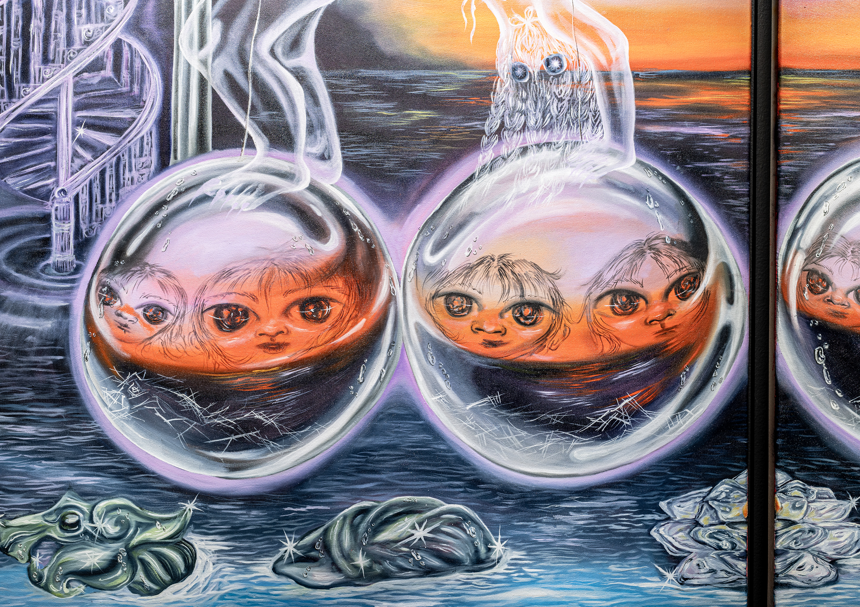 Big Pendulum Swinging (diptych) (2024) oil on canvas, 130 x 200 cm.  Close Up. Photography Kai Wasikowski.