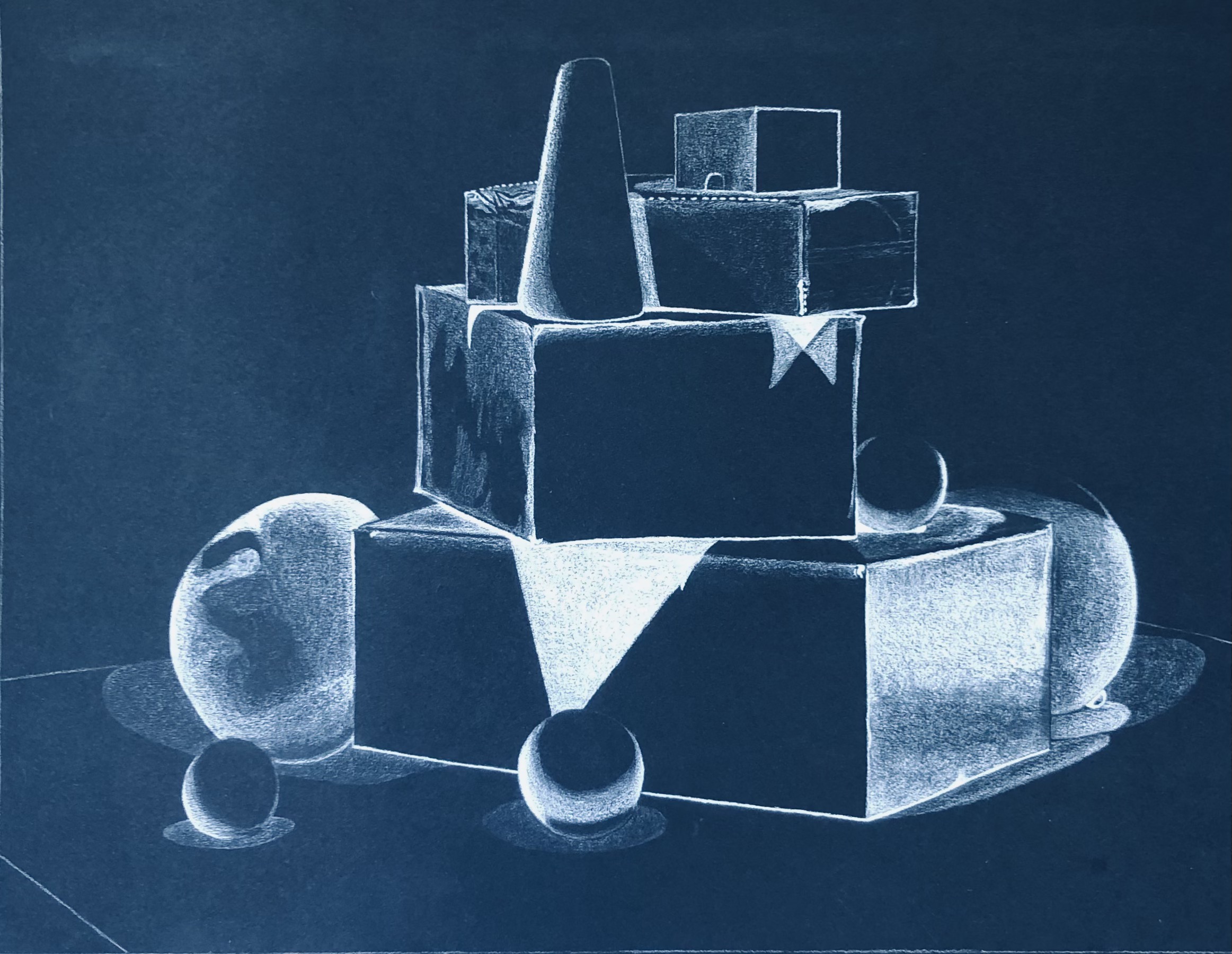 Adan Bajas, (winner of the Ann Pinnell [Penny] Thompson and Martin H. Thompson Memorial Endowed Scholarship $1250), Black and White, 21.5in x 17in, White prismacolor on black paper