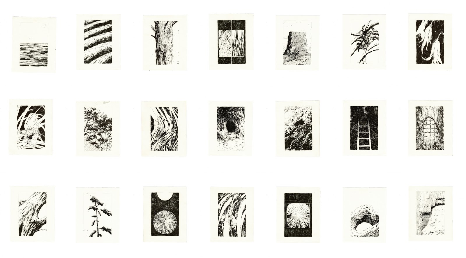 set I, ink on paper, installation of twenty-one 7" x 5" drawings - 26" x 56" overall, 2020