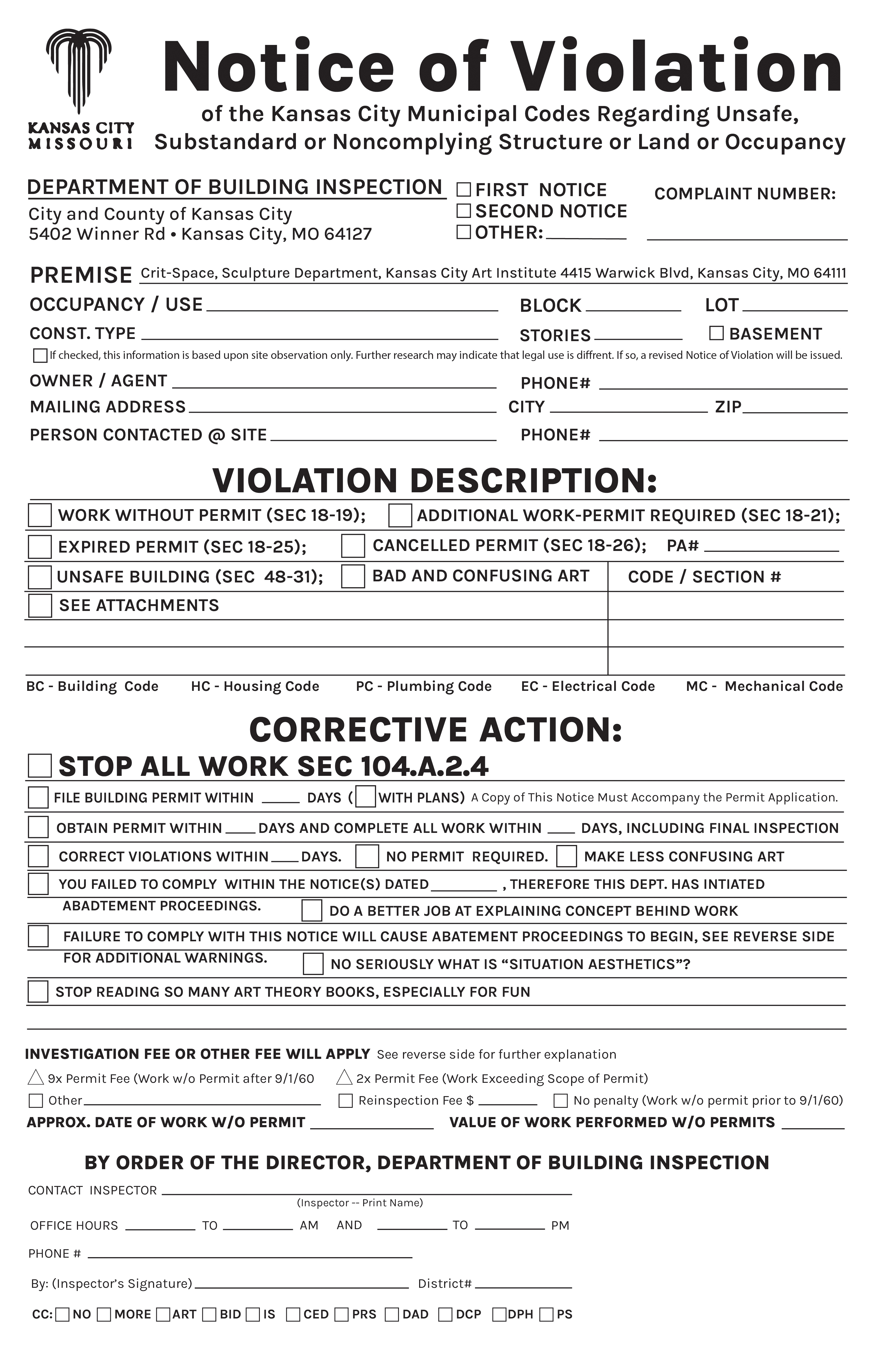 2nd Notice of Violation posted by the KC Department of Building Inspections