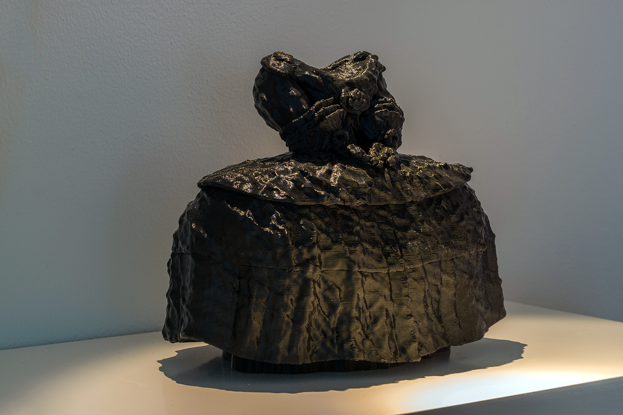Princess Dresses, 2015, each unique Rapid-Prototype printed sculpture, ABS (acrylonitrile butadiene styrene) plastic, 8 x 7 x 5.5 inches, on custom wood lacquered pedestal, exhibition at Upfor Gallery, Portland; photo: Mario Gallucci, courtesy Upfor.