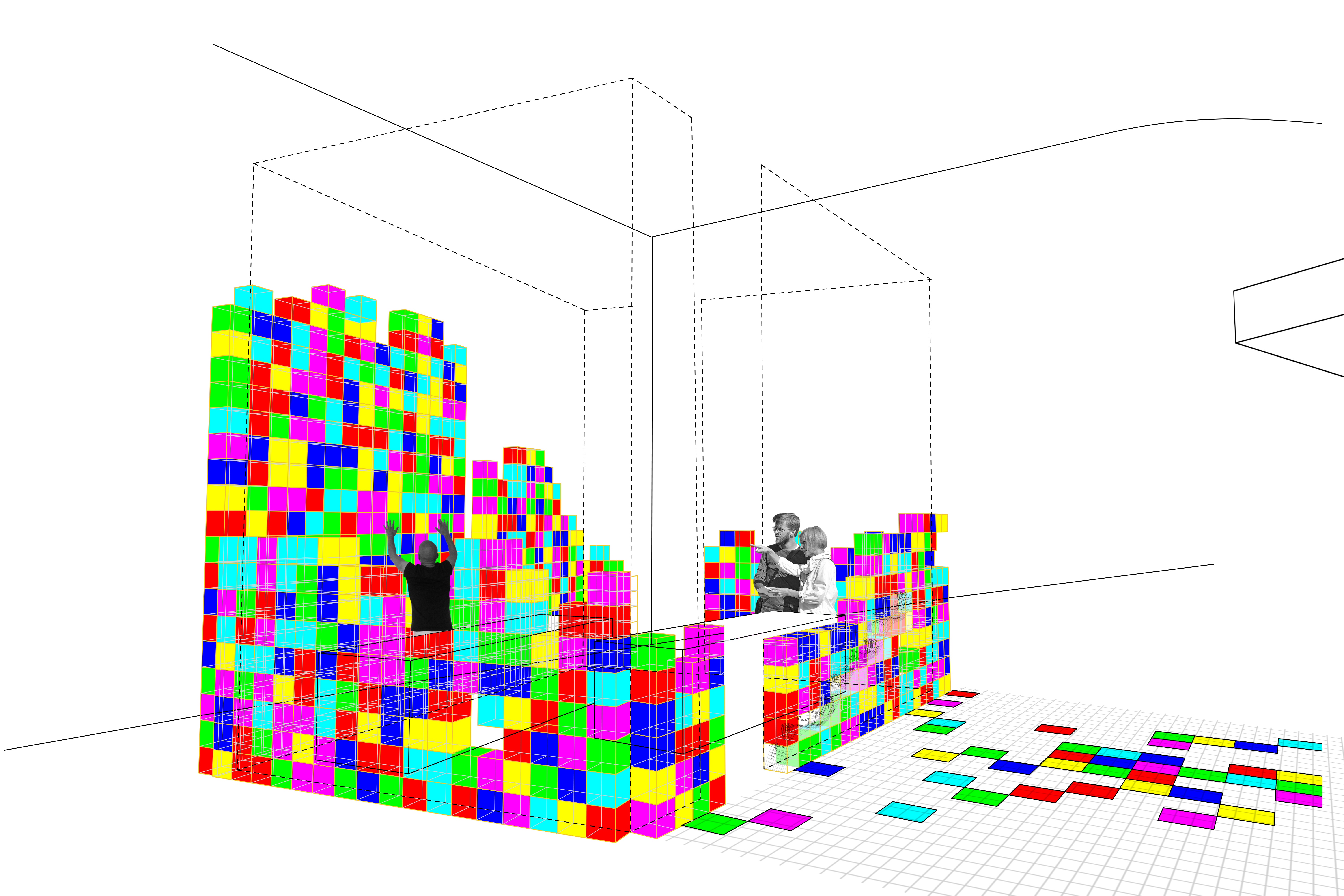 People interacting with the pixels by picking them up and taking it to the scan table