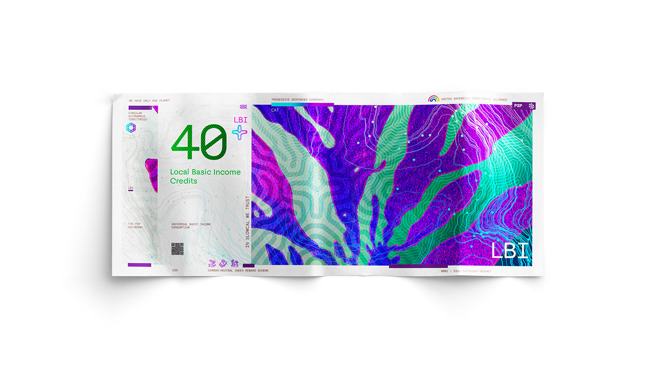 Local basic income schemes use geofenced physical banknotes, leveraging a nano-polymer sensitive to the earth’s poles. As a note holder moves out of the territory, the note starts to lose value, thus incentivising local exchanges.