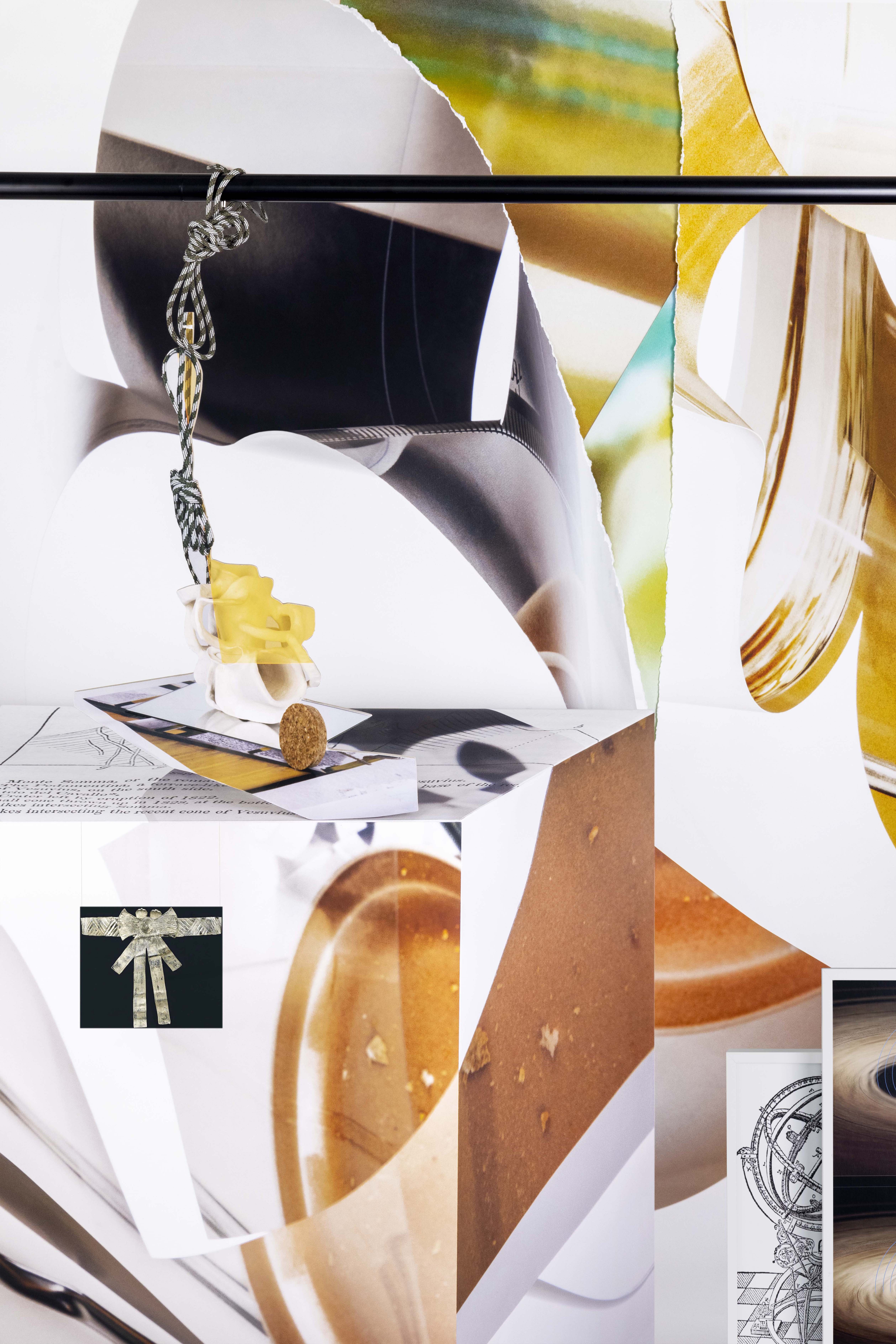 Softly Amorphous (ceramic vase, silver headpiece, shoelace, armillary sphere, bread crumb), 2023