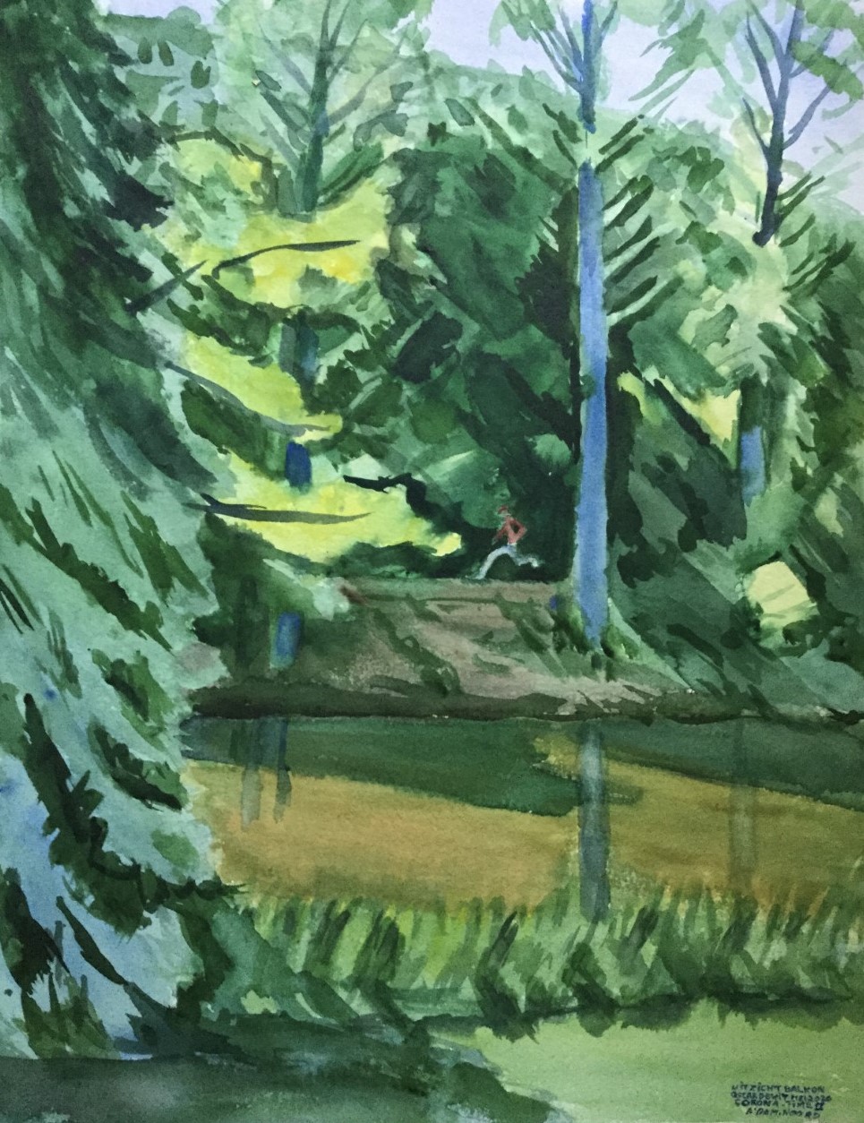 Corona Time II - Uitzicht van balkon, jogger 2020 - watercolor 80x60 cm (photo Merlijn Doomernik, NRC)