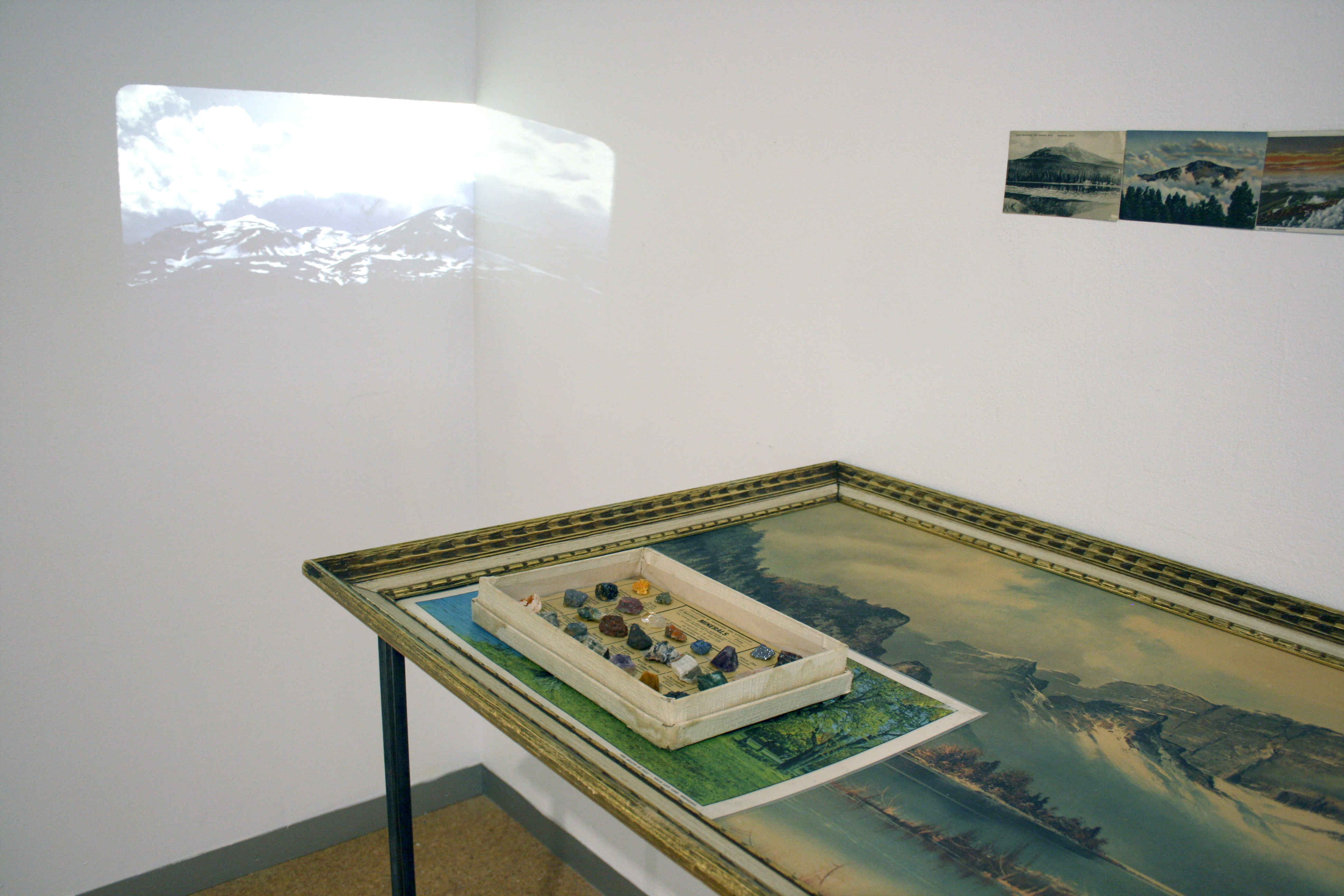 Inherited S.C.I.E.N.C.E.  sizes variable inherited slides, lamp, second-hand landscape painting, rock collection, postcards, projectors, puzzles, steel Levitt Gallery, Iowa City, Iowa 2017