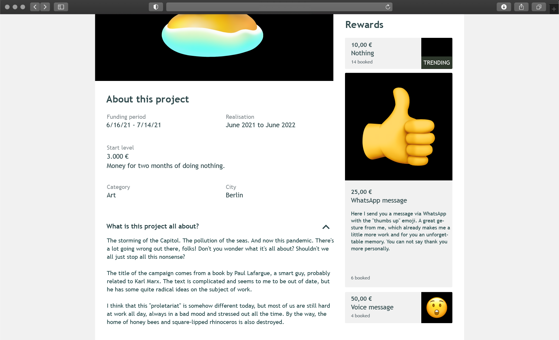 The Right to be Lazy (screenshot website), 2021, crowdfunding campaign